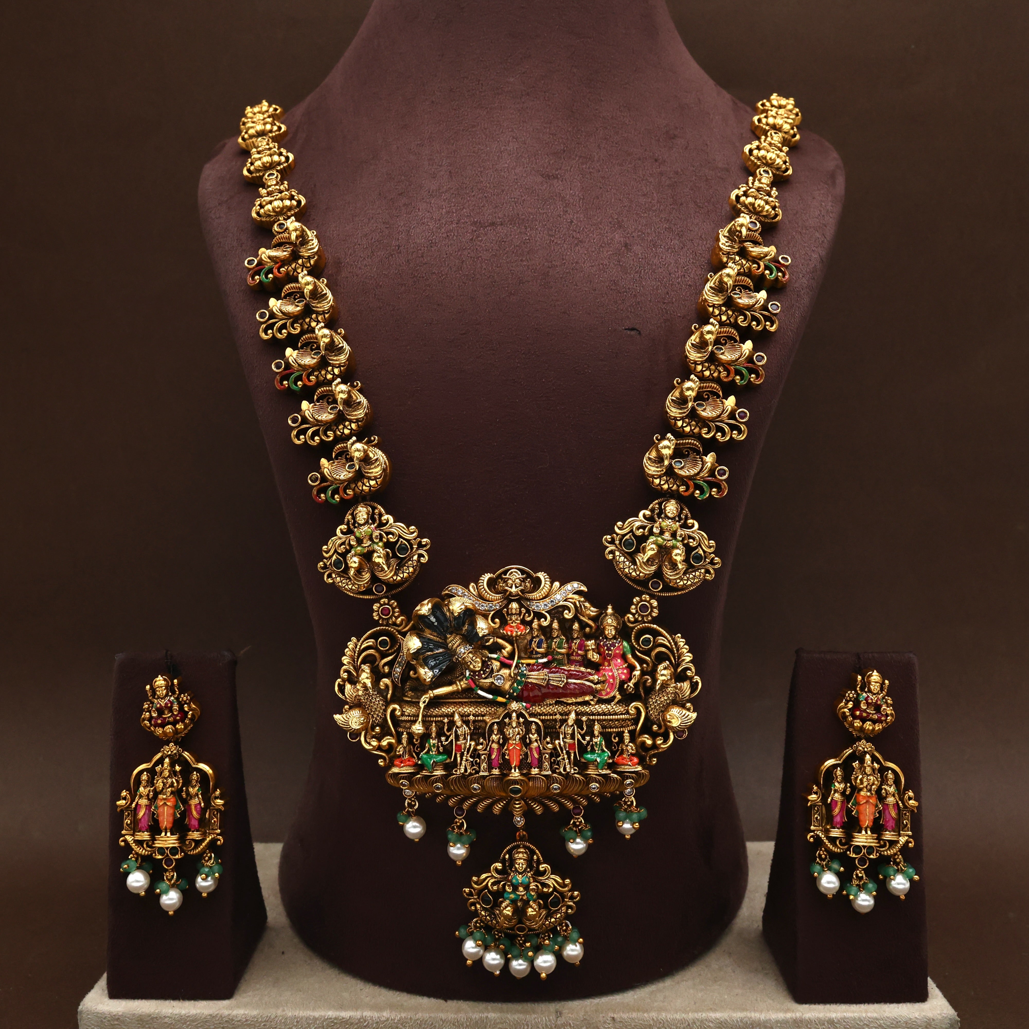 Premium Antique Nagas Colourful Mahavishnu with His Consorts Bridal Haaram Set