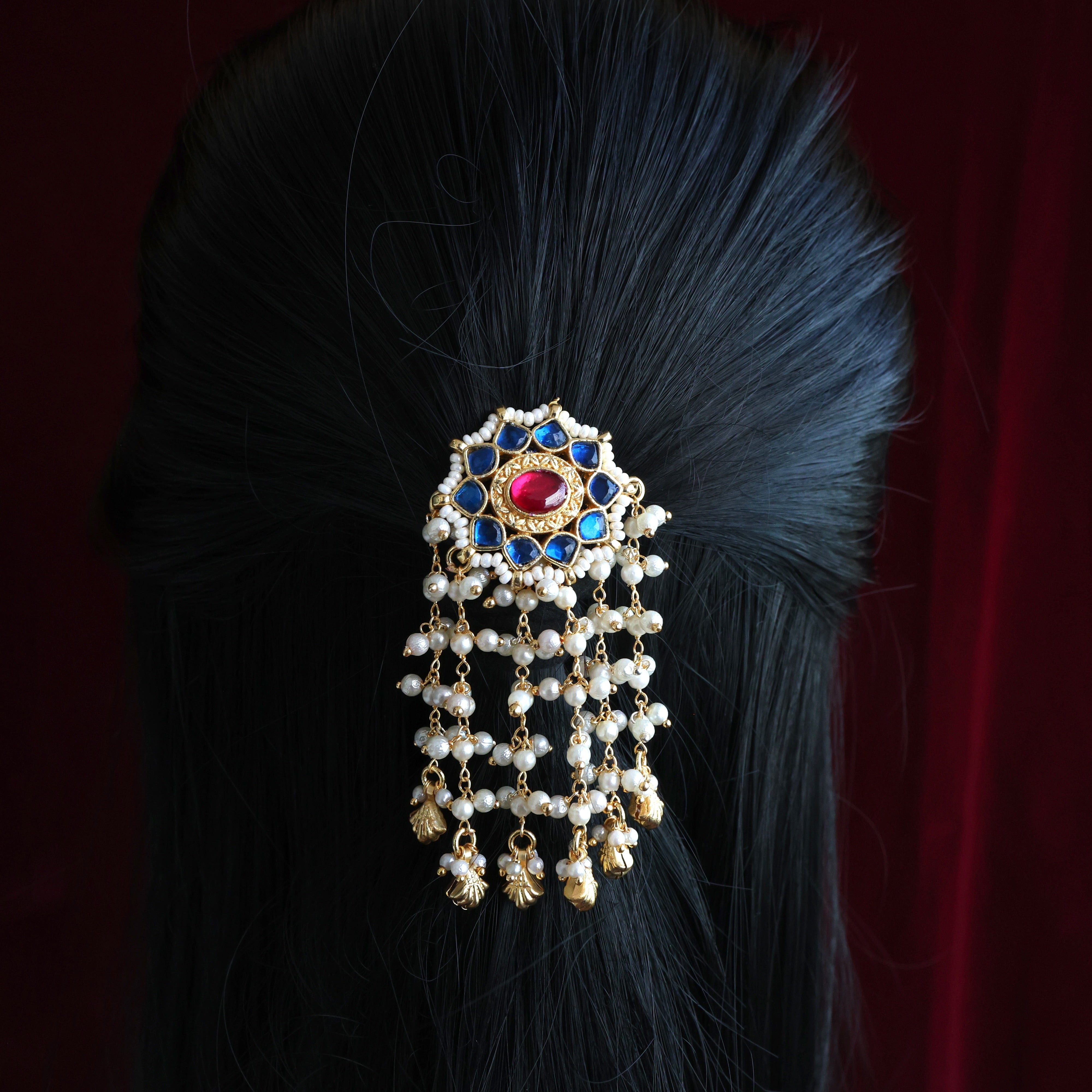 HANDMADE PACHI KUNDAN SINGLE PIECE BRIDAL HAIR CHOTI - STAR CHAKRA PEARL DROP HANGINGS (BLUE & RUBY)