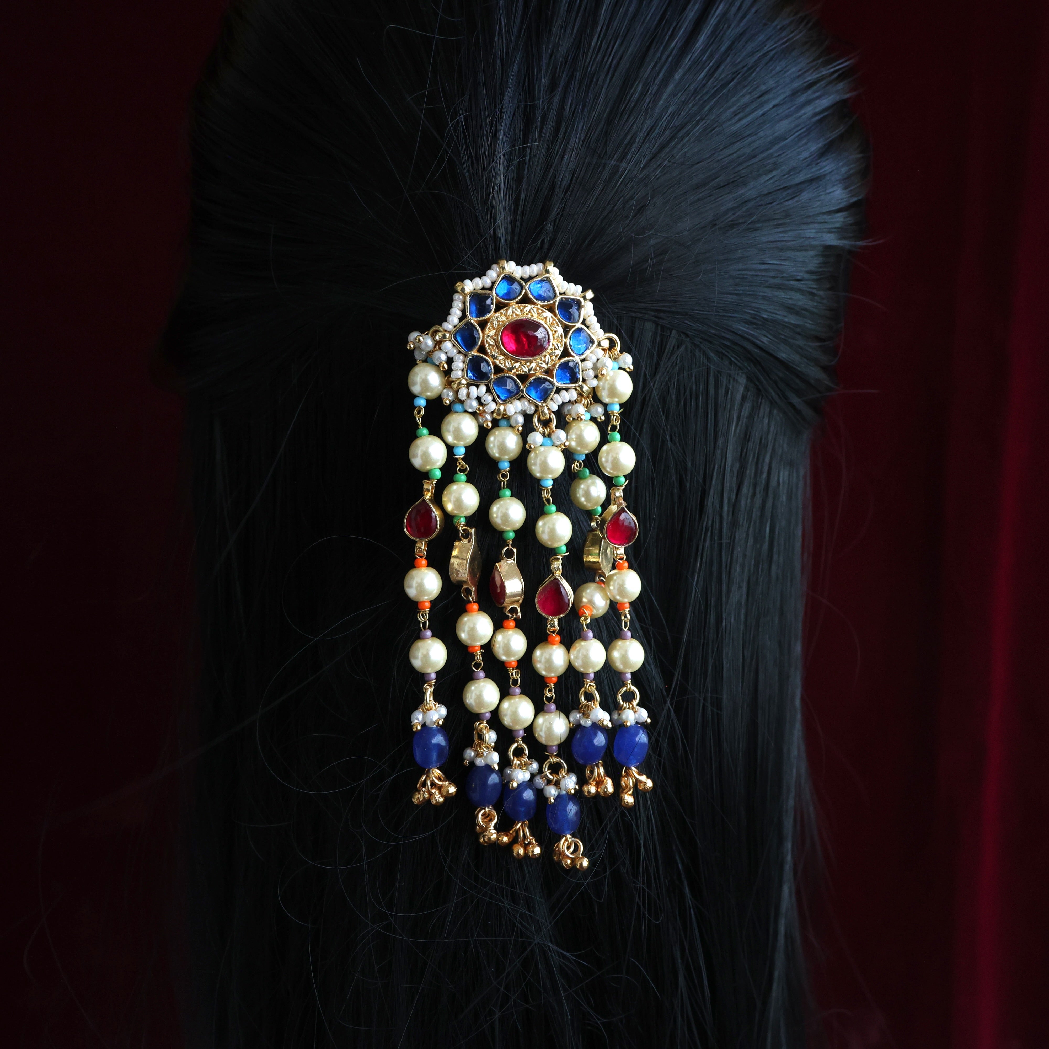 HANDMADE PACHI KUNDAN SINGLE PIECE BRIDAL HAIR CHOTI - STAR CHAKRA THILAK PEARL DROPS (BLUE & RUBY)