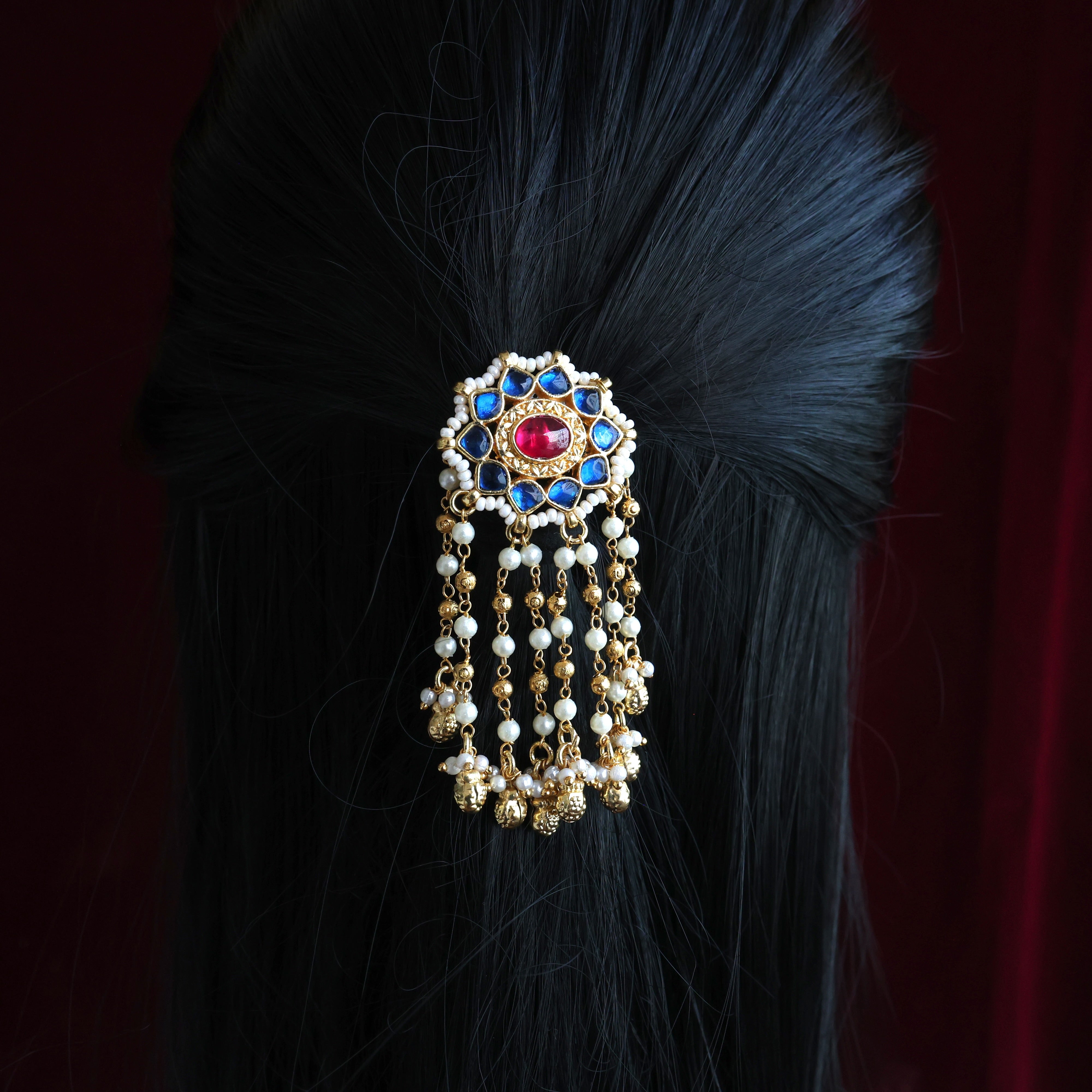 HANDMADE PACHI KUNDAN SINGLE PIECE BRIDAL HAIR CHOTI - STAR CHAKRA DAZZLING DROPS (BLUE & RUBY)