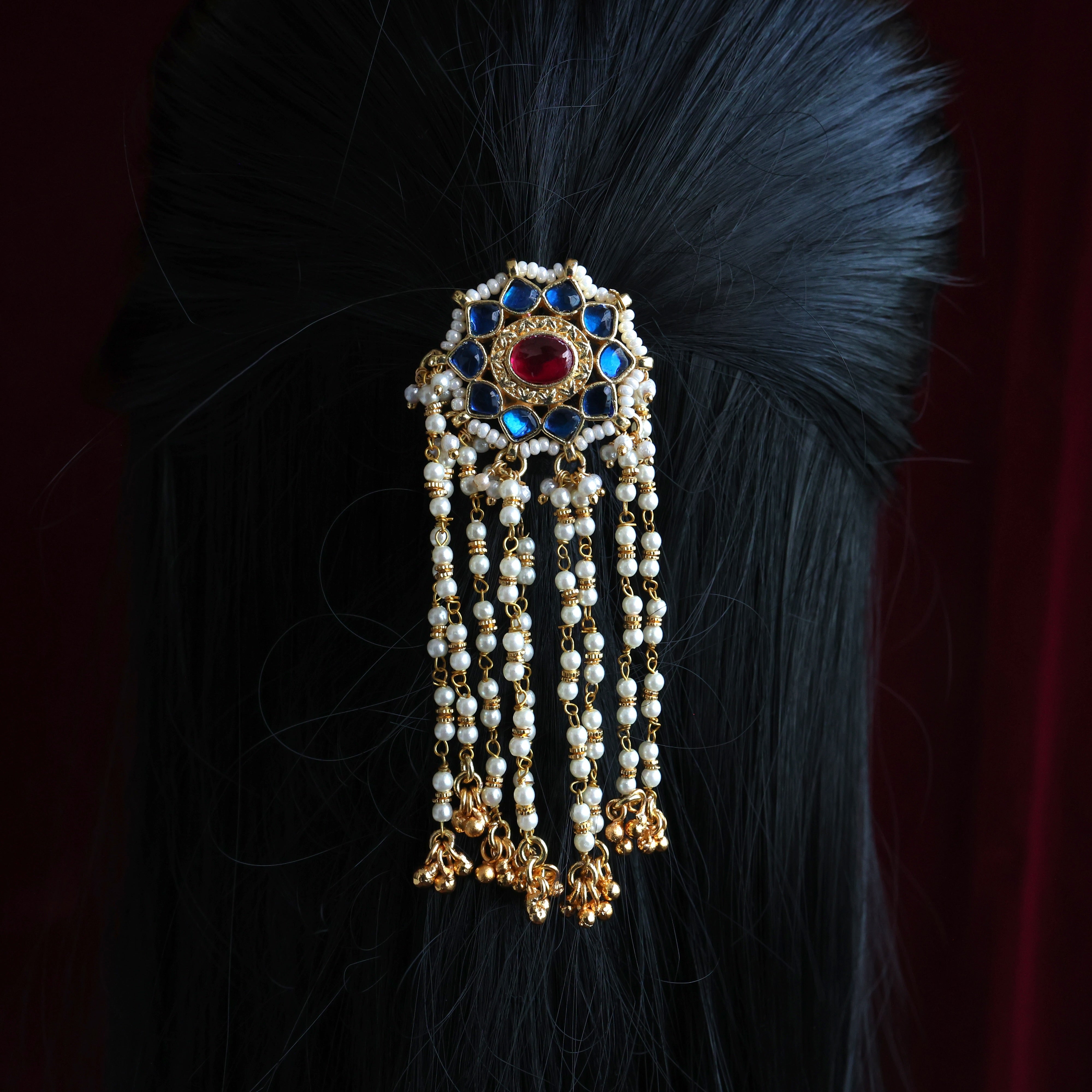 Handmade Pachi Kundan Single Piece Bridal Hair Choti - Star Chakra Pearl Rains (Blue & Ruby)