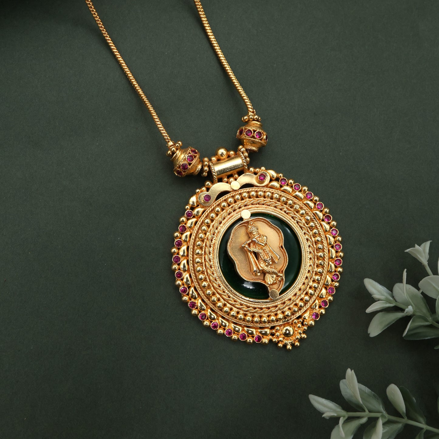 Real Gold Tone Traditional Kerala Round Aalilai Krishna Pendant Chain