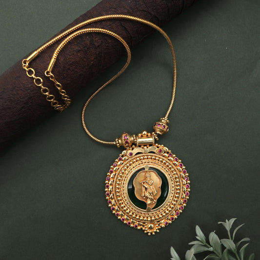 Real Gold Tone Traditional Kerala Round Aalilai Krishna Pendant Chain