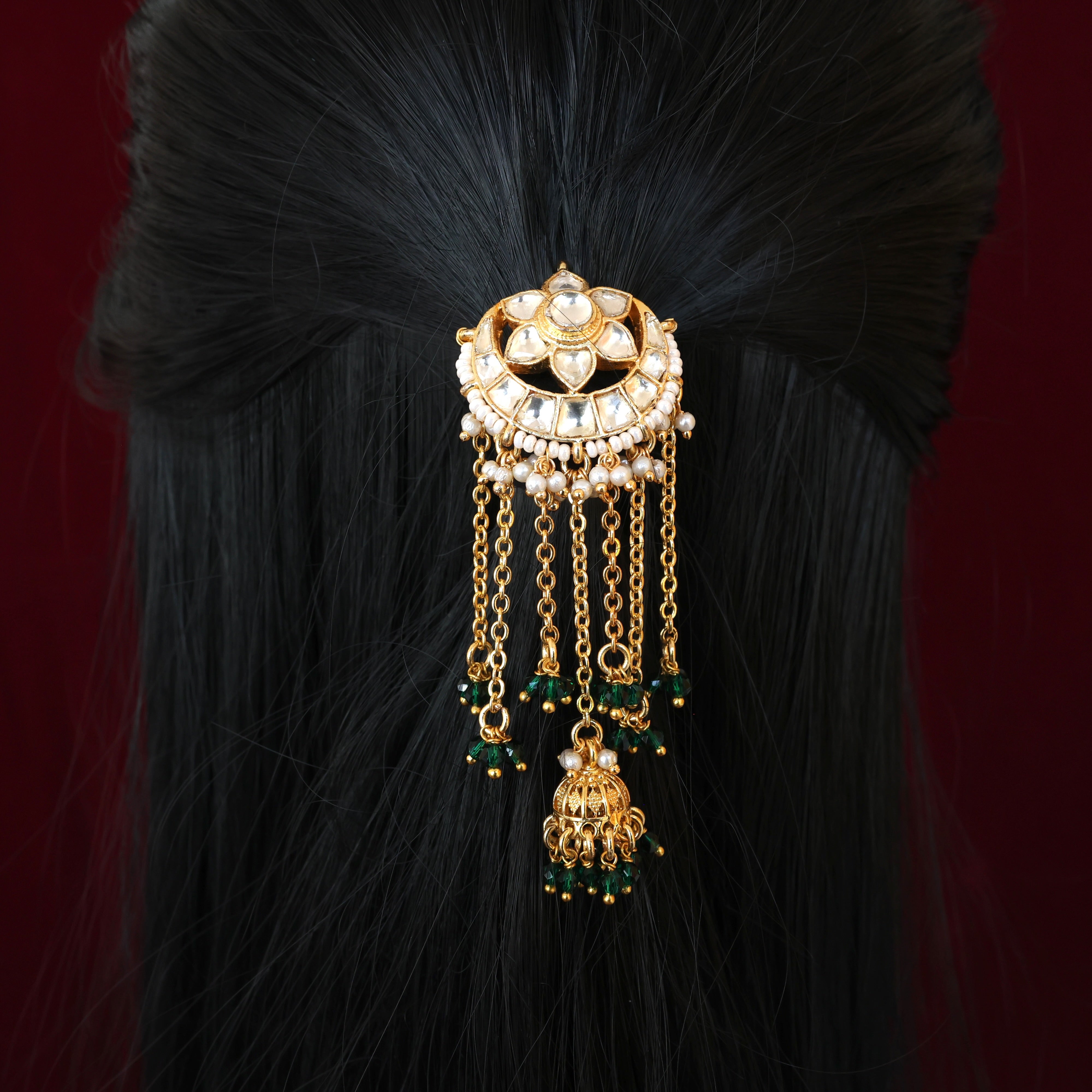 Premium Pachi Kundan Single Piece Hair Choti - Chaand Phool Jhumka Hangings