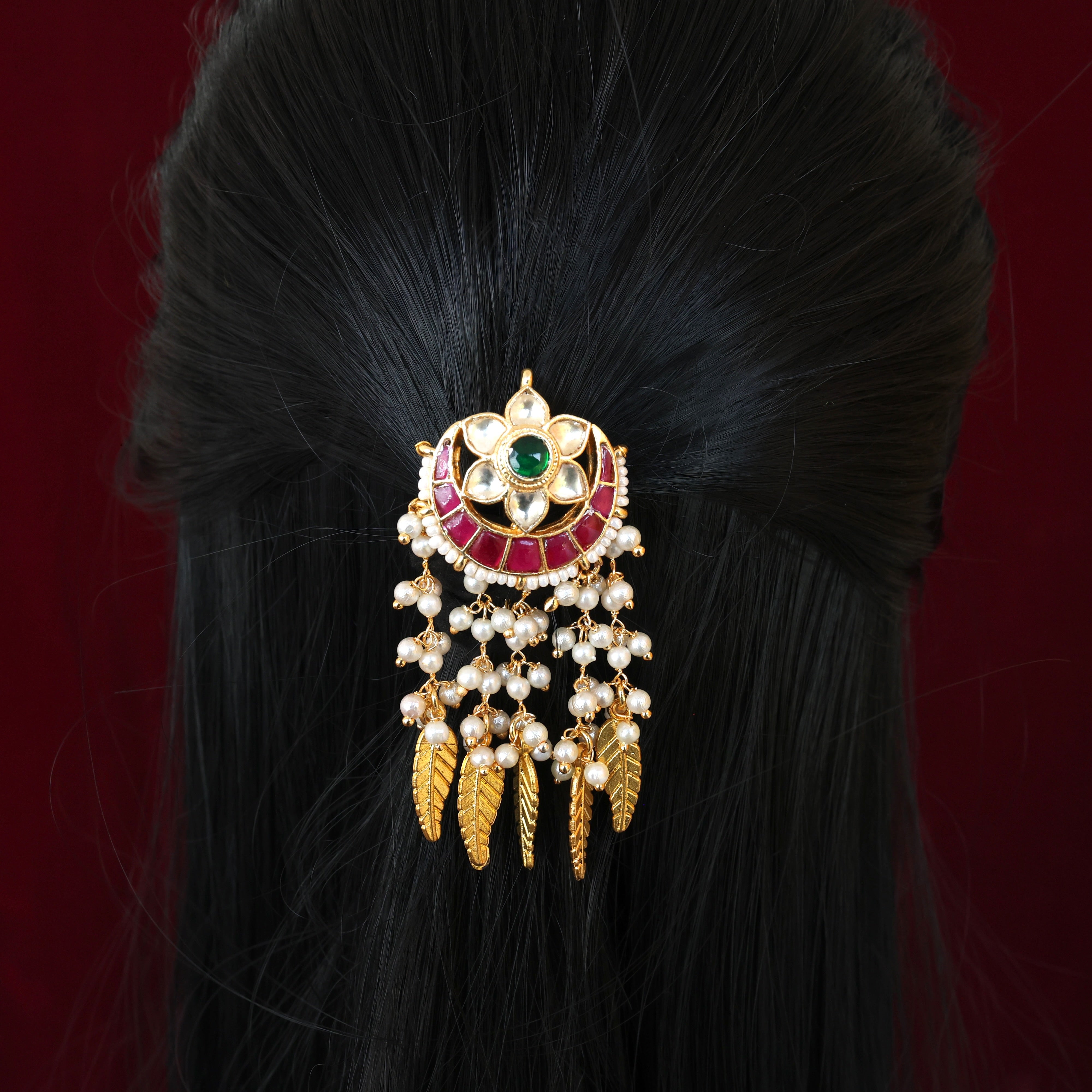 Premium Pachi Kundan Single PIece Hair Choti - Moon Flower Leaf Hangings
