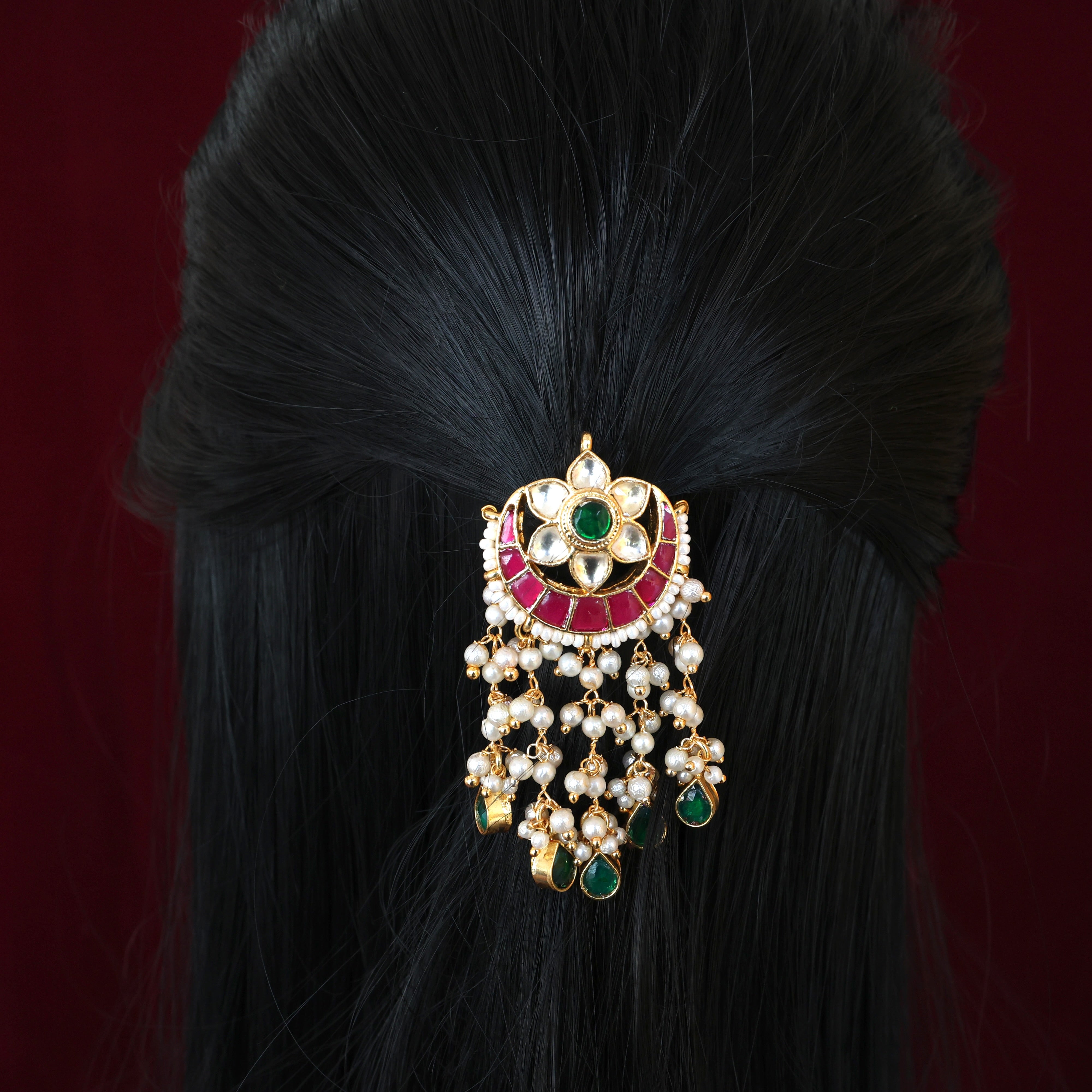 Premium Pachi Kundan Single PIece Hair Choti - Moon Star Pearl Vines