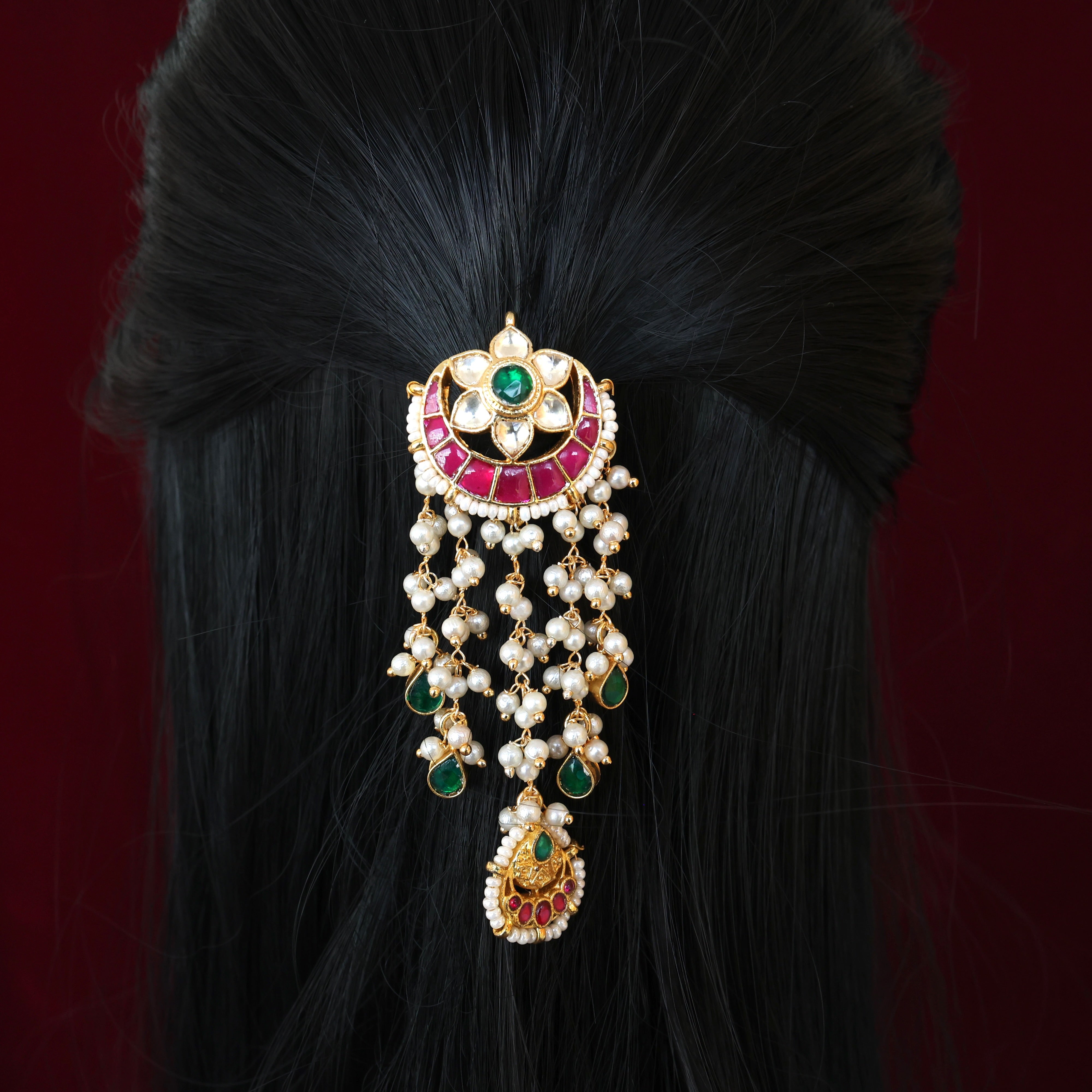 Premium Pachi Kundan Single PIece Hair Choti - Moon Star Chaand Drop