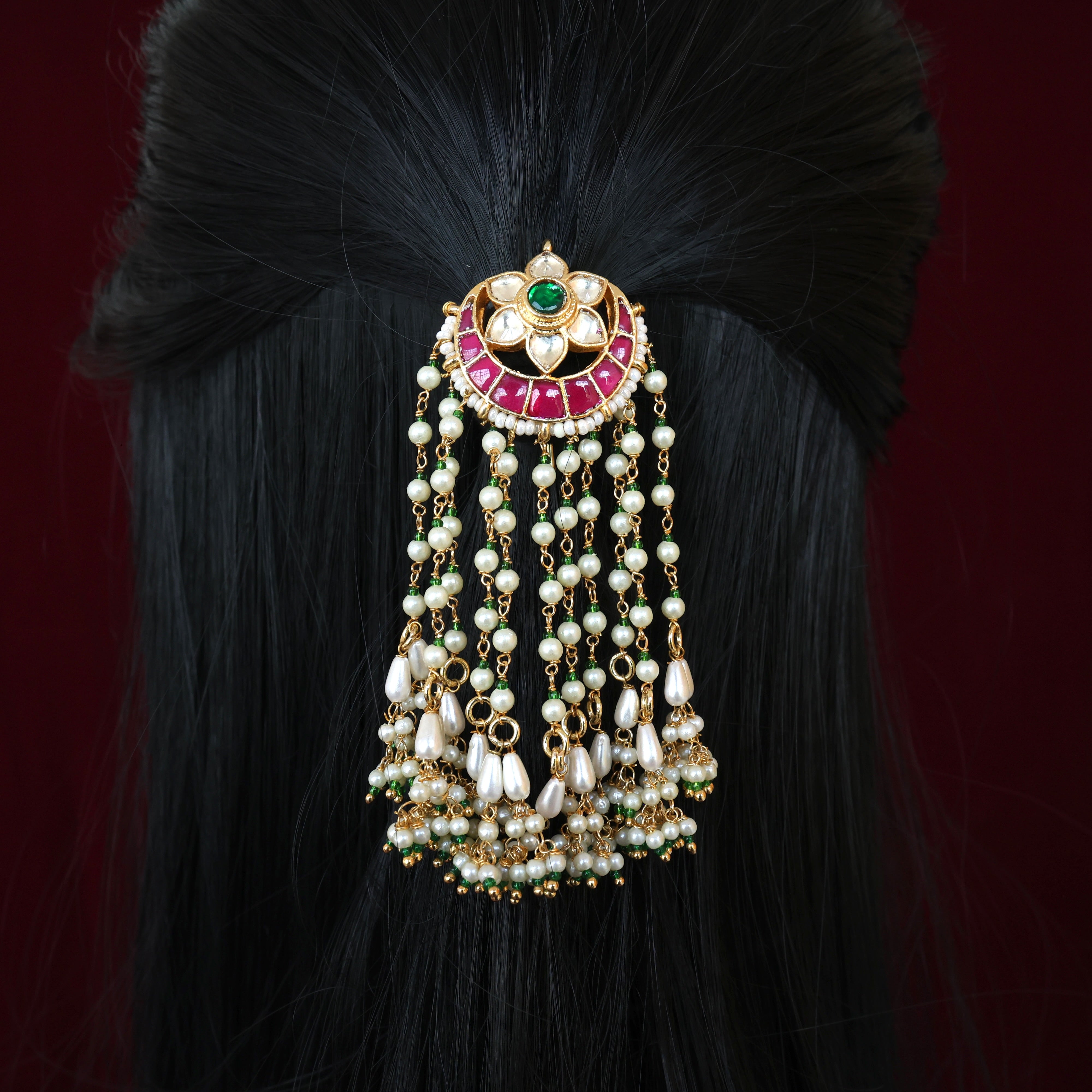 Premium Pachi Kundan Single PIece Hair Choti - Moon Star Pearl Hangings