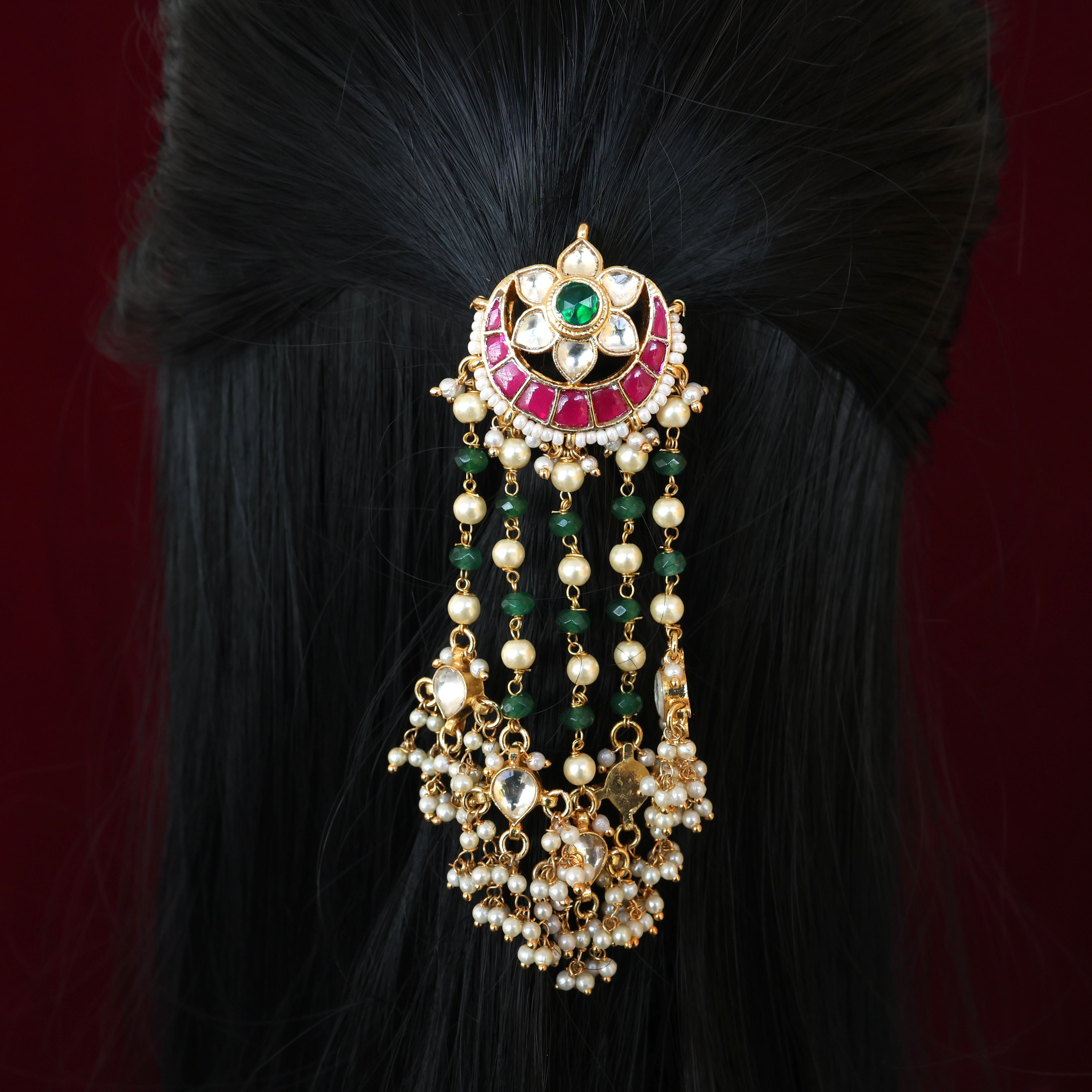 Premium Pachi Kundan Single PIece Hair Choti - Moon Star Hangings