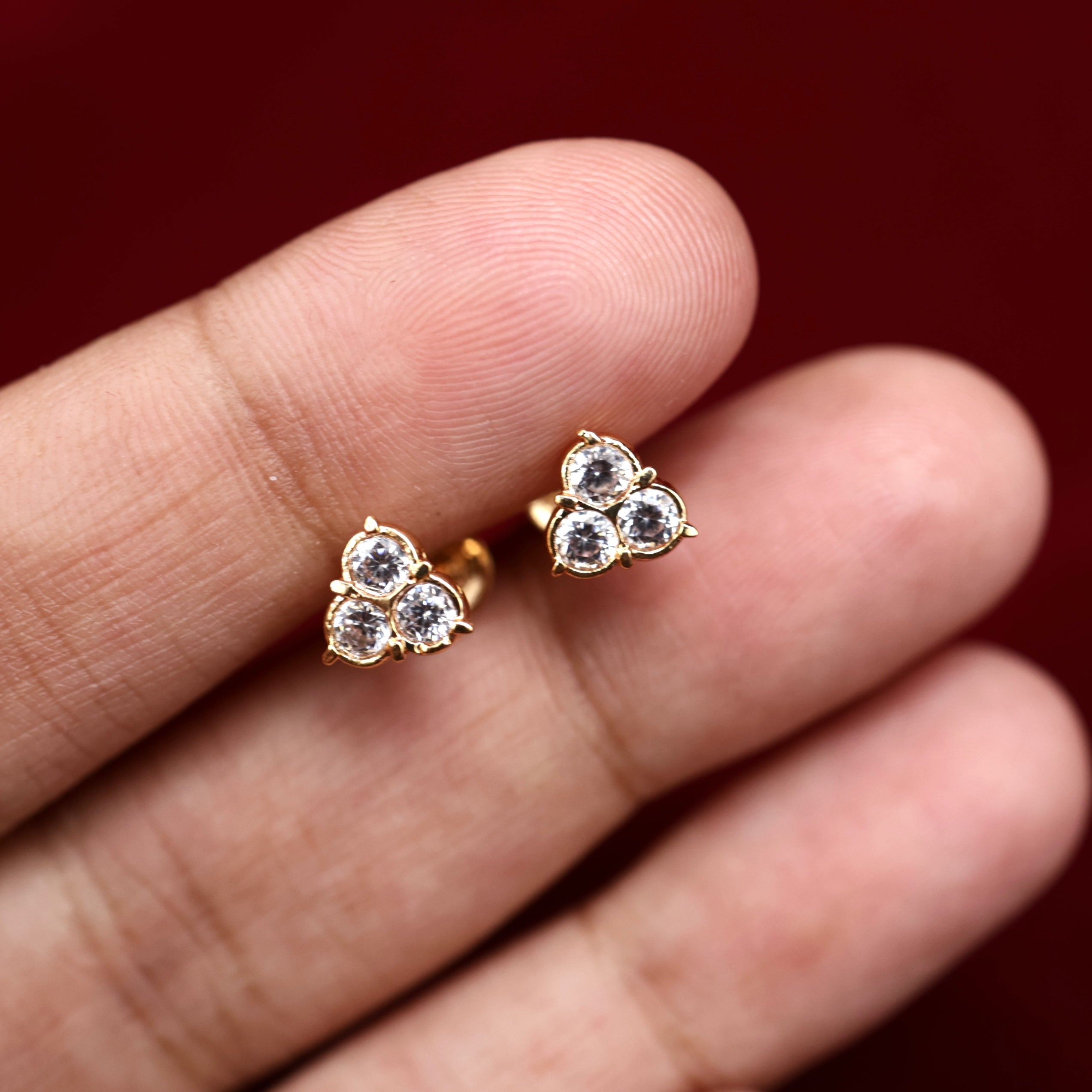Real Gold Tone Diamond Look 3 Stone Baby Studs/Earrings