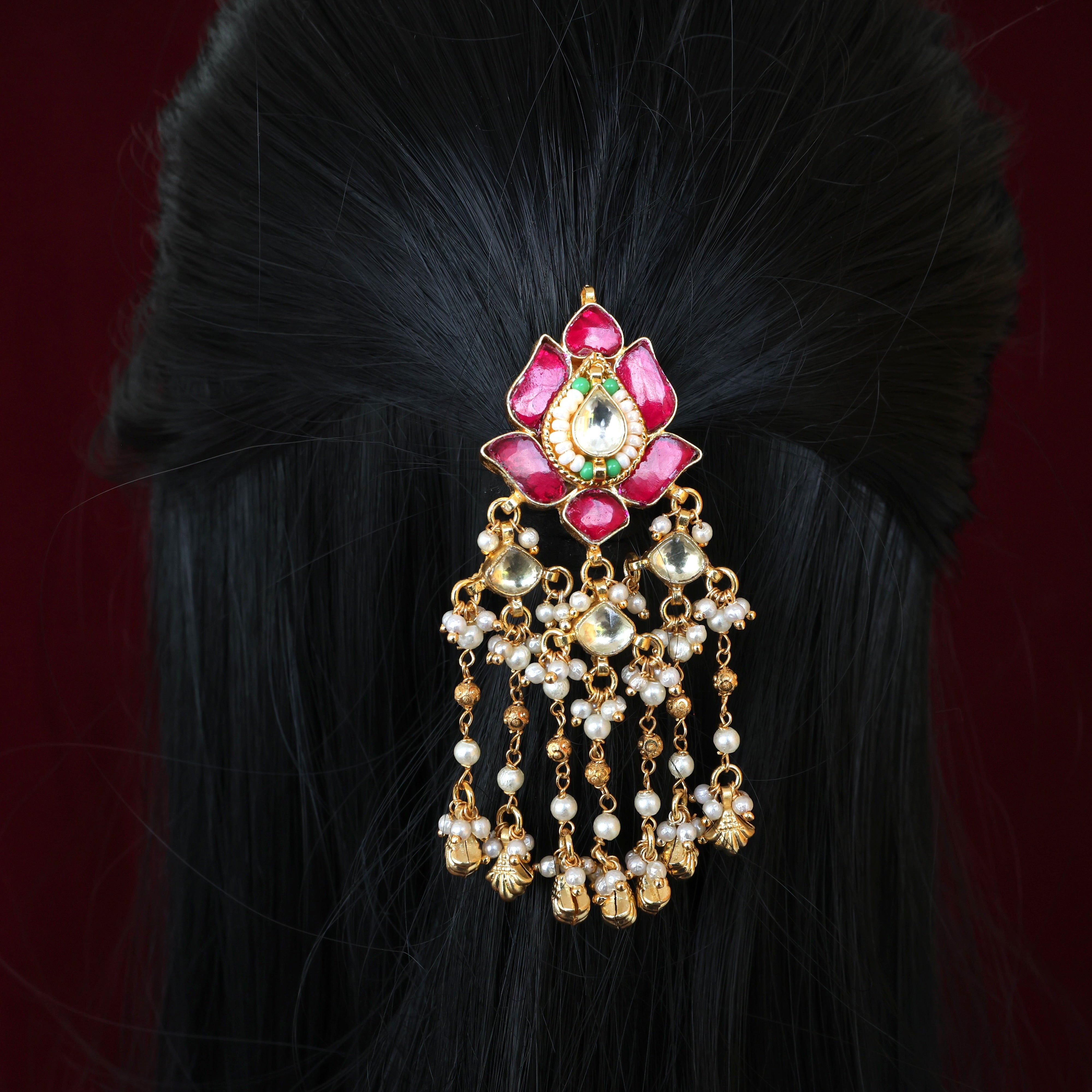 Premium Pachi Kundan Lotus Leaf Drops Single Piece Bridal Choti