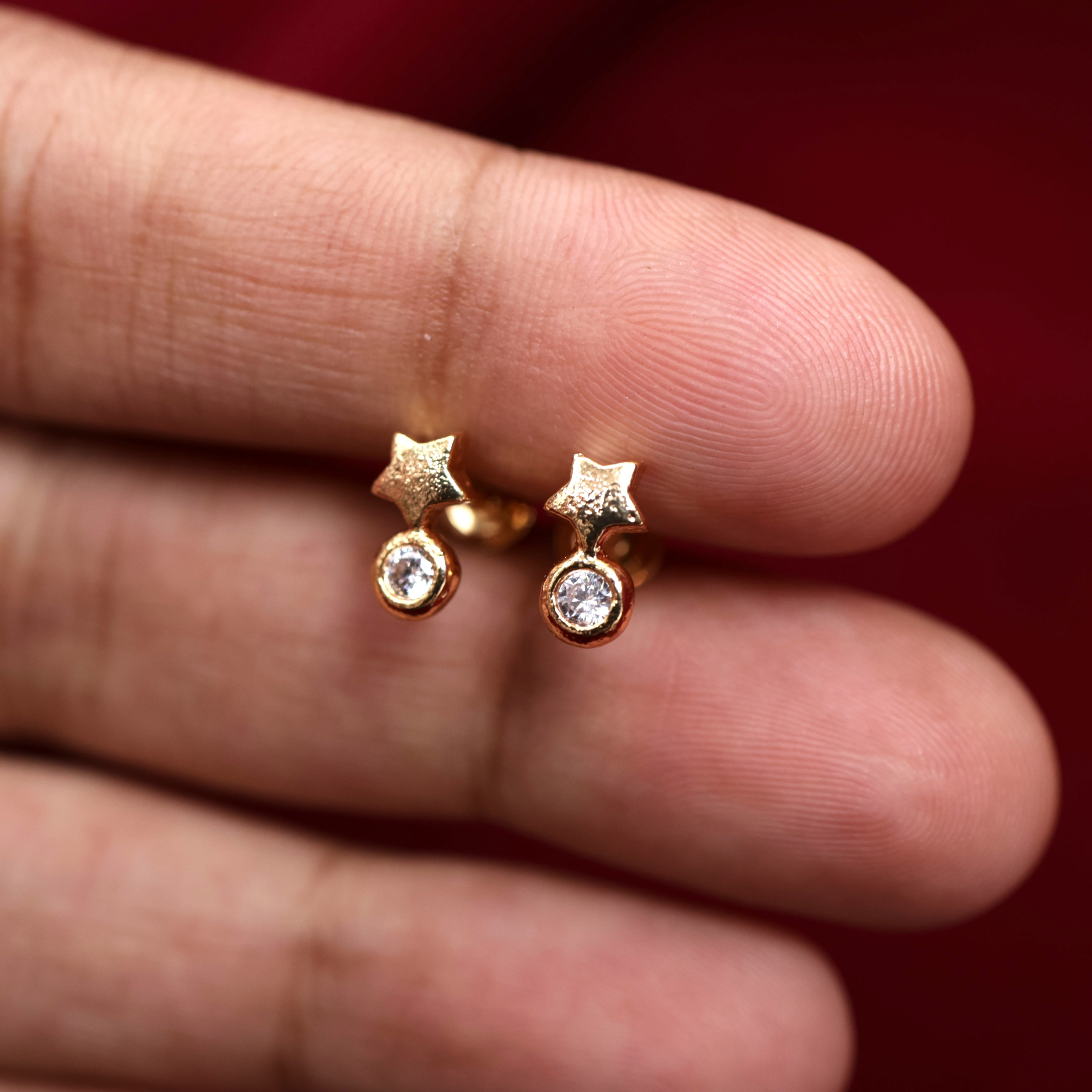 Diamond Look Real Gold Tone Micro Gold Polished Star Dot Baby Studs