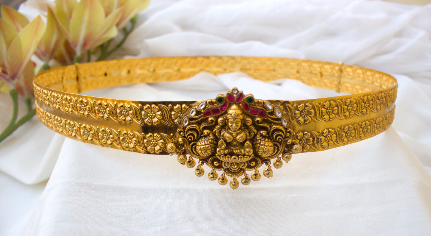 Gold Look Light Weight Jadau Lakshmi Pendant Adjustable Hip Belt For Women