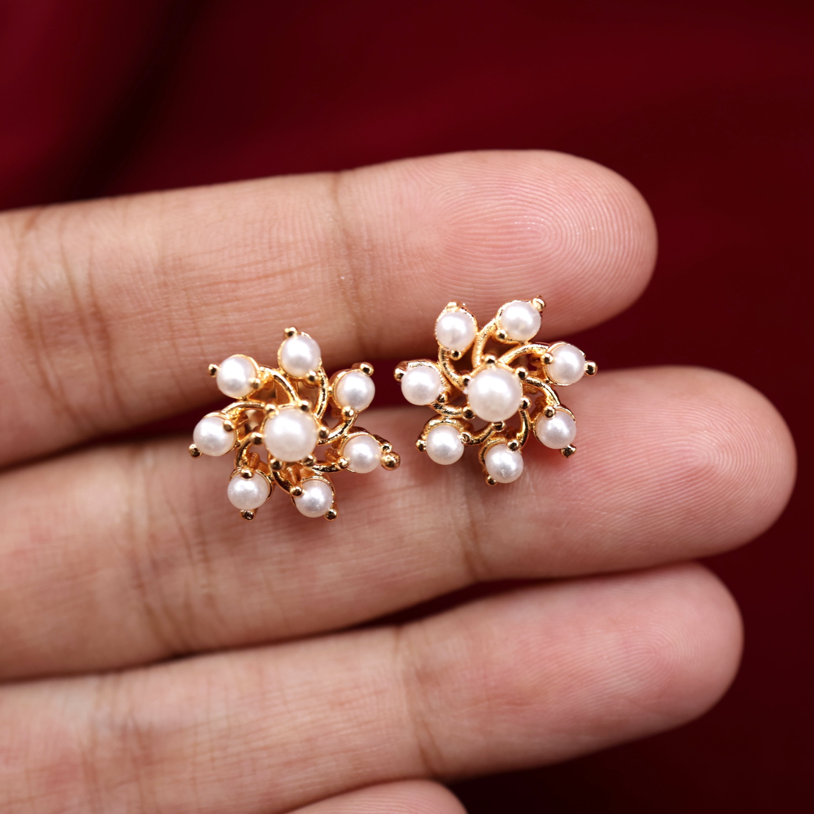 Real Gold Tone Seven Pearls Studs/Earrings