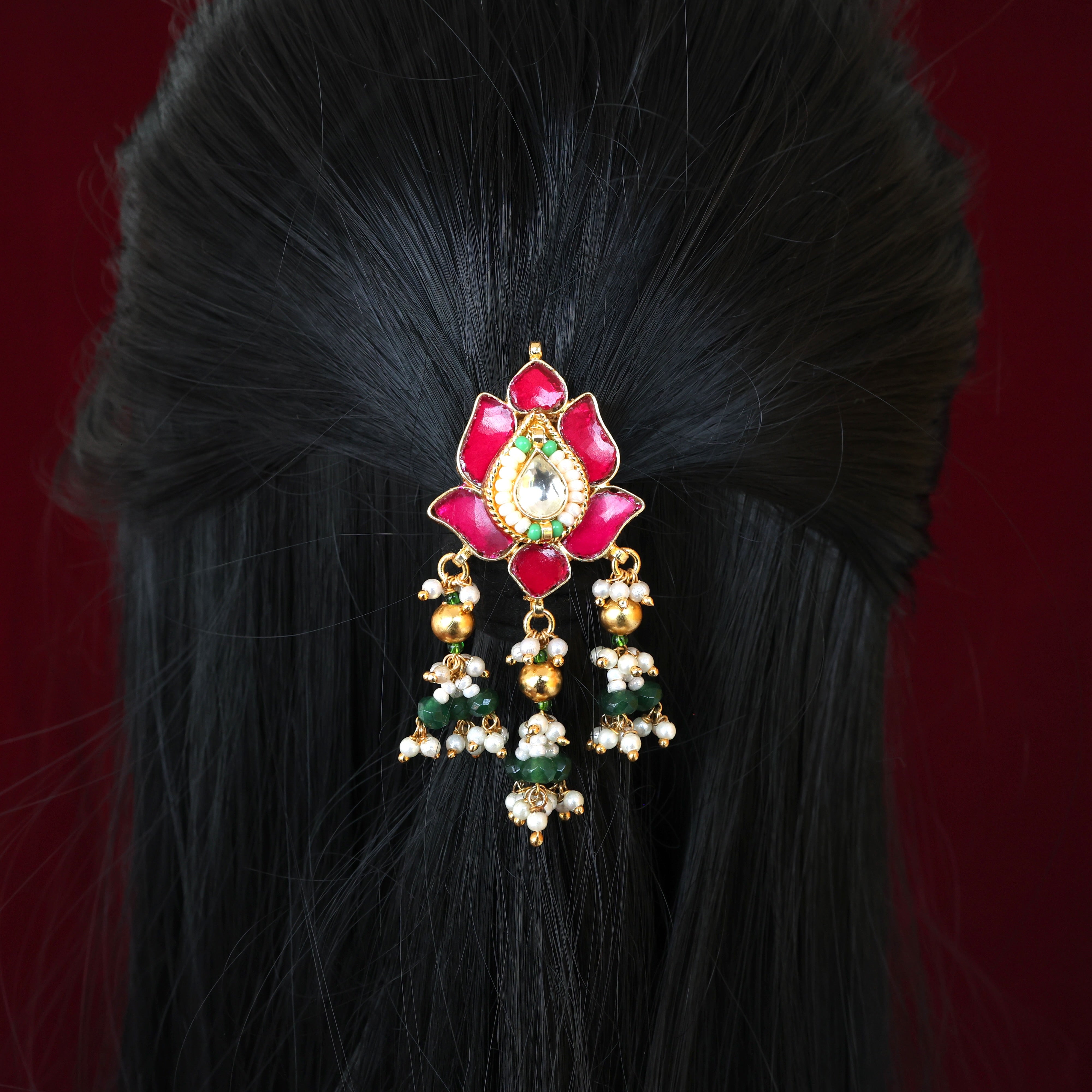 PREMIUM PACHI KUNDAN LOTUS DROPS SINGLE PIECE BRIDAL CHOTI