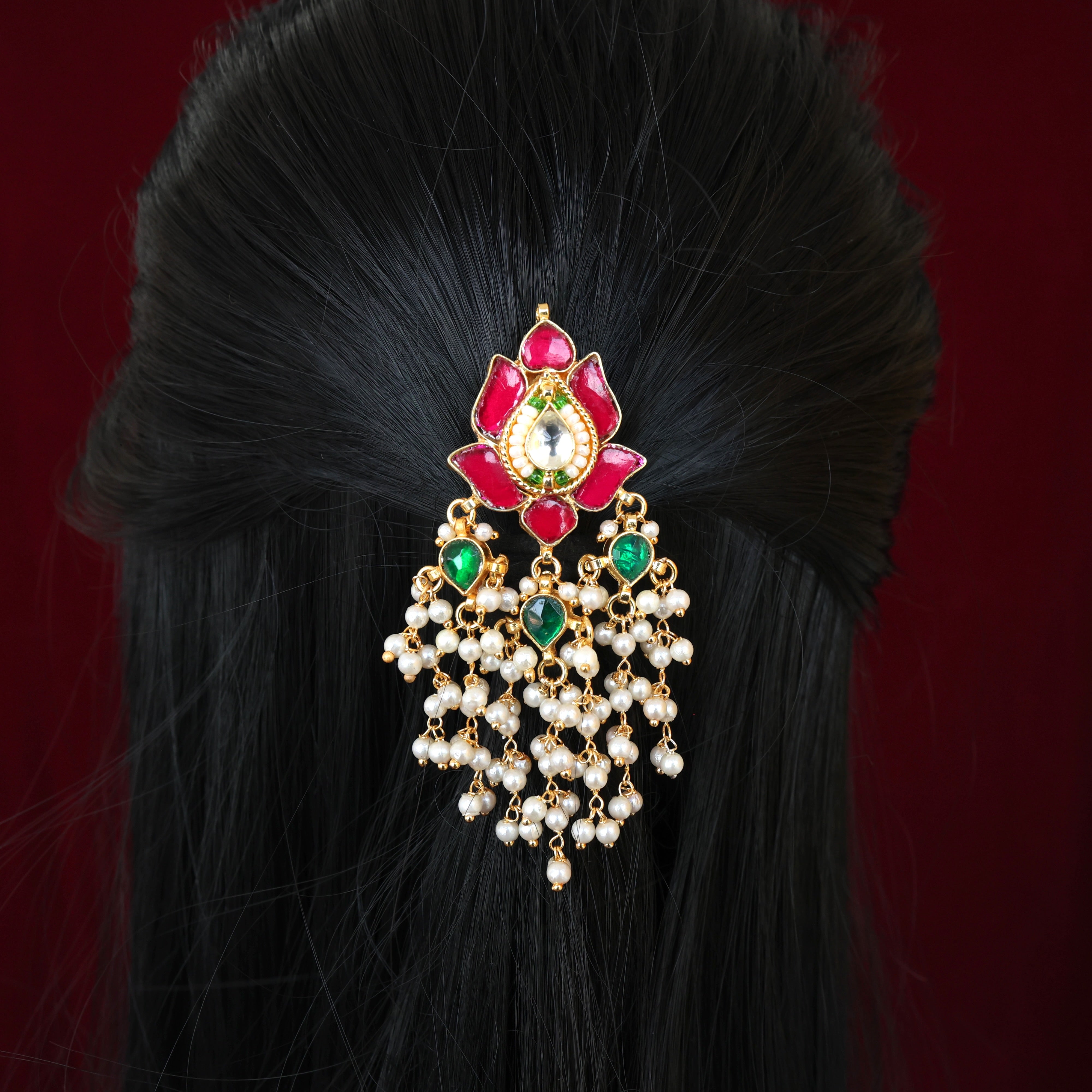 PREMIUM PACHI KUNDAN LOTUS LEAF DROPS SINGLE PIECE BRIDAL CHOTI