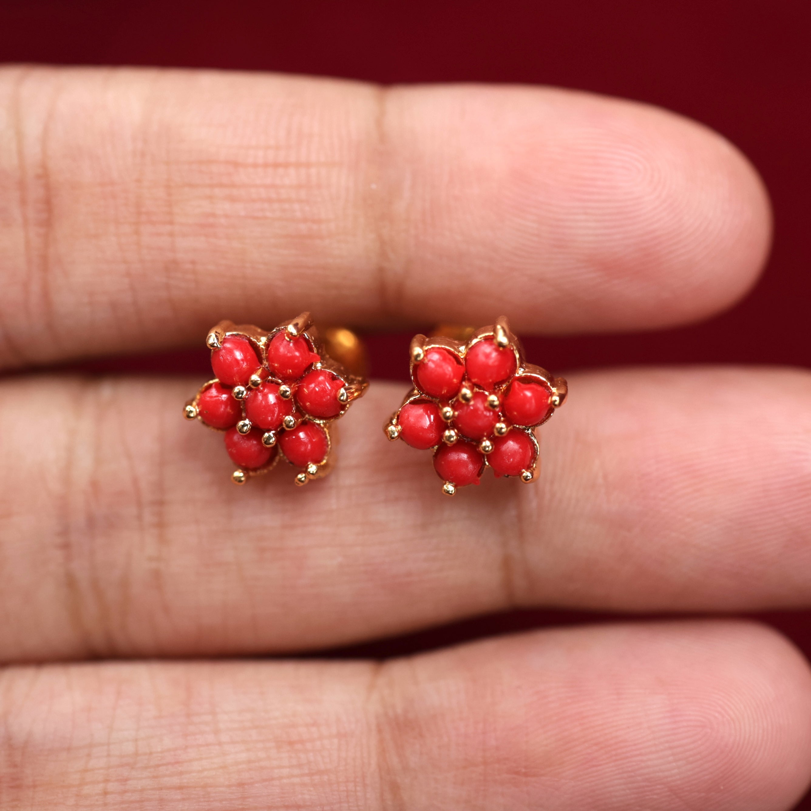 Real Gold Tone Small Seven Stone Coral Studs
