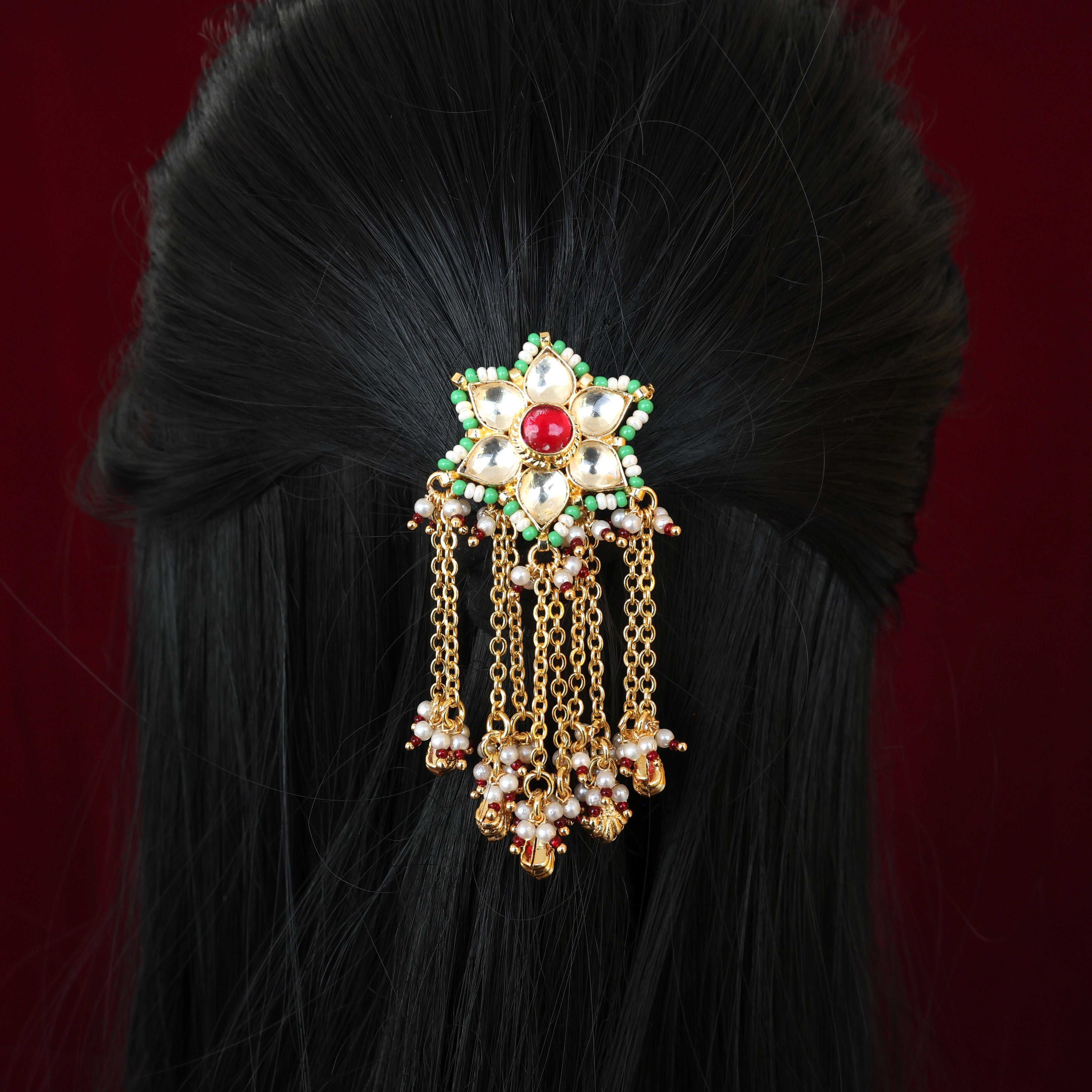 PREMIUM PACHI KUNDAN GOLD DROPS SINGLE PIECE BRIDAL CHOTI