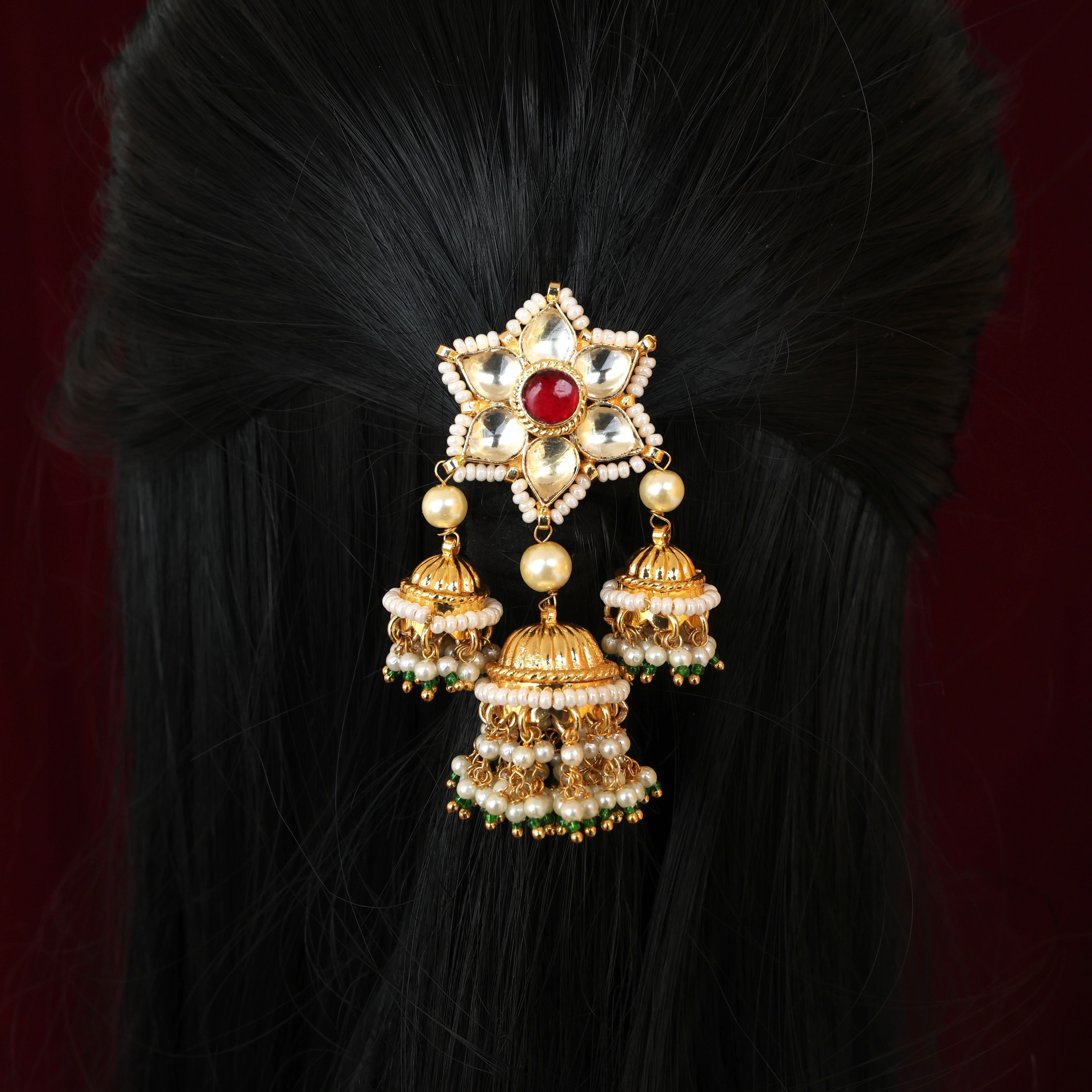 PREMIUM PACHI KUNDAN STAR WITH 3 JHUMKIS SINGLE PIECE BRIDAL CHOTI