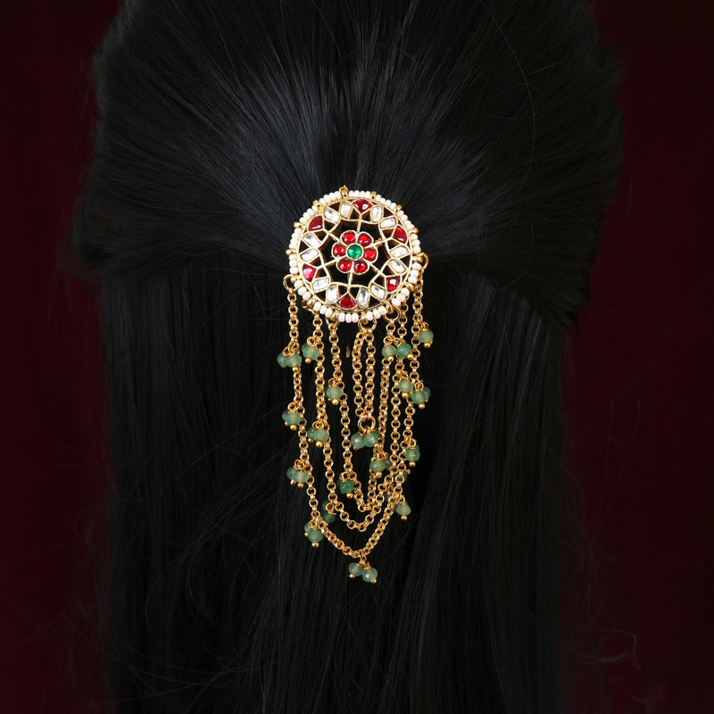 Premium Pachi Kundan Star Chakra Pearl Layers Single Piece Bridal Choti