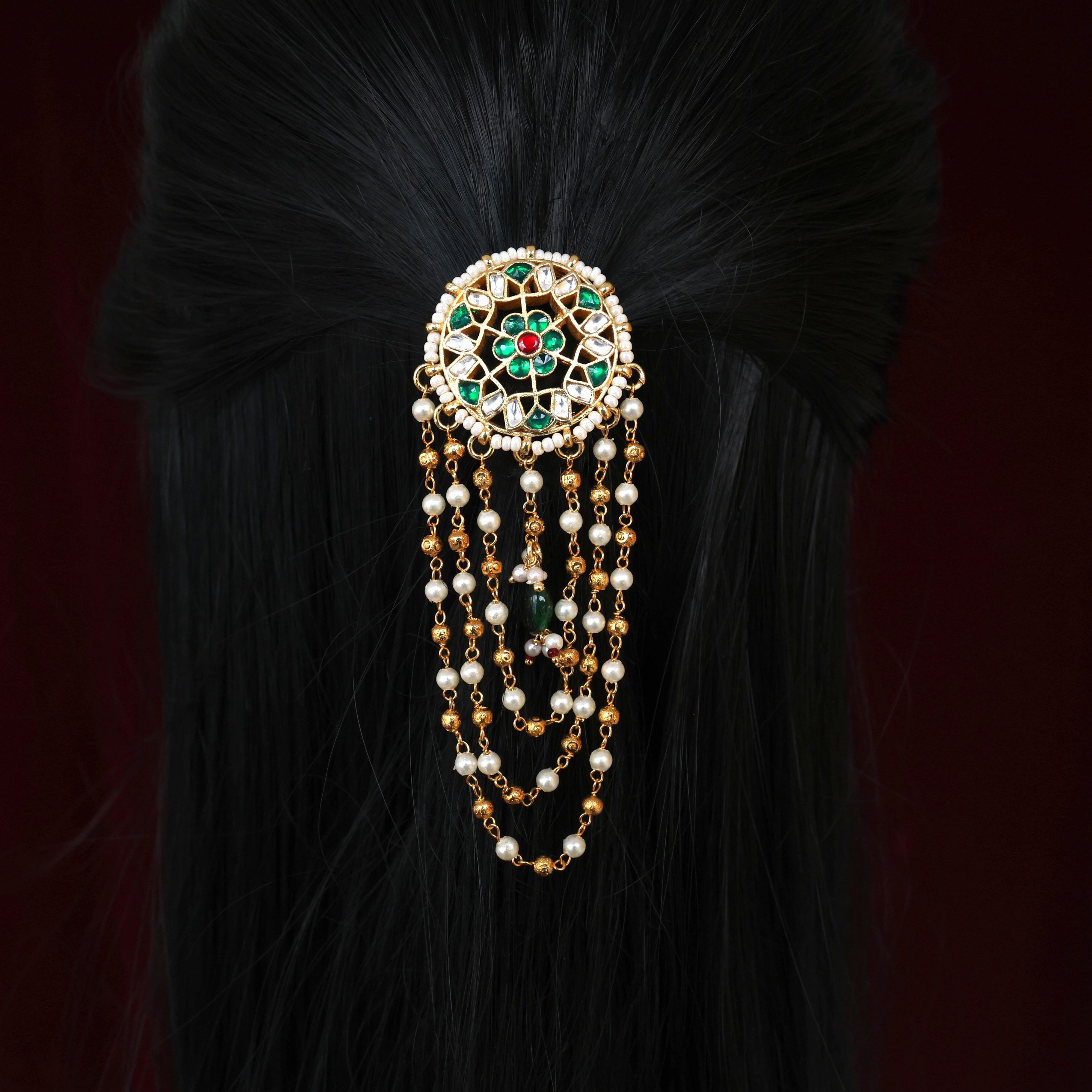 Premium Pachi Kundan Star Chara Gold Pearl Chains Single PIece Bridal Choti