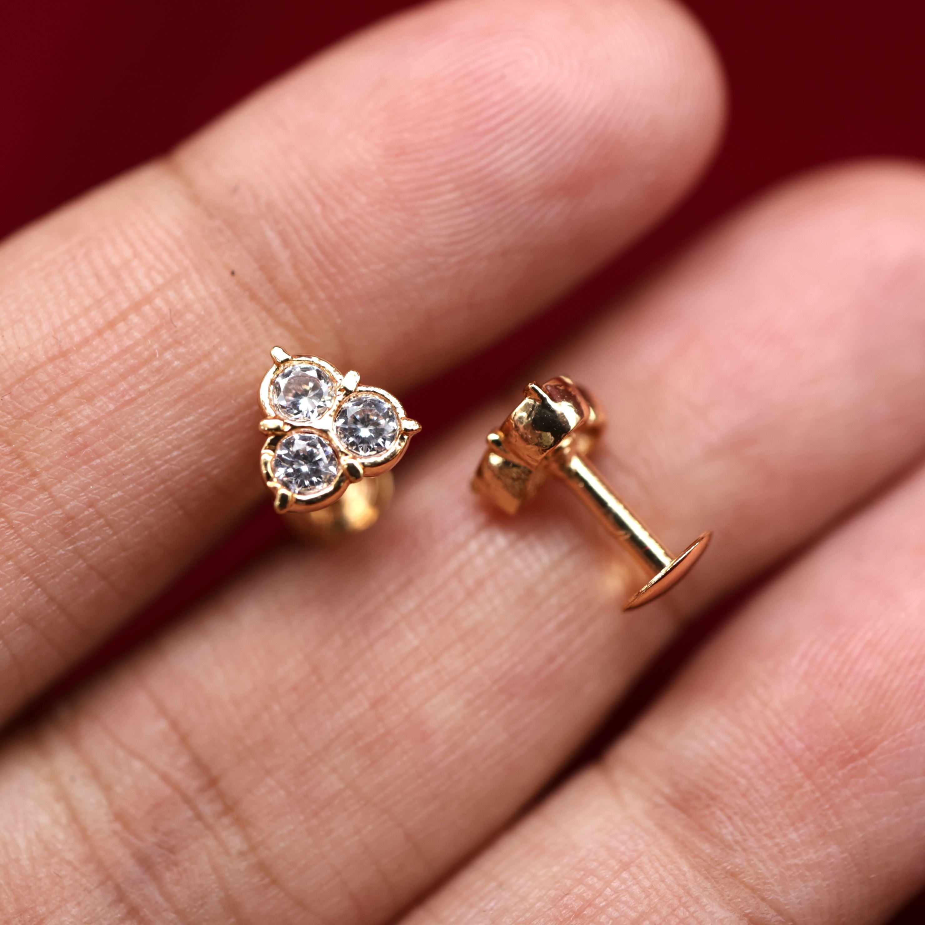 Real Gold Tone Diamond Look 3 Stone Baby Studs/Earrings