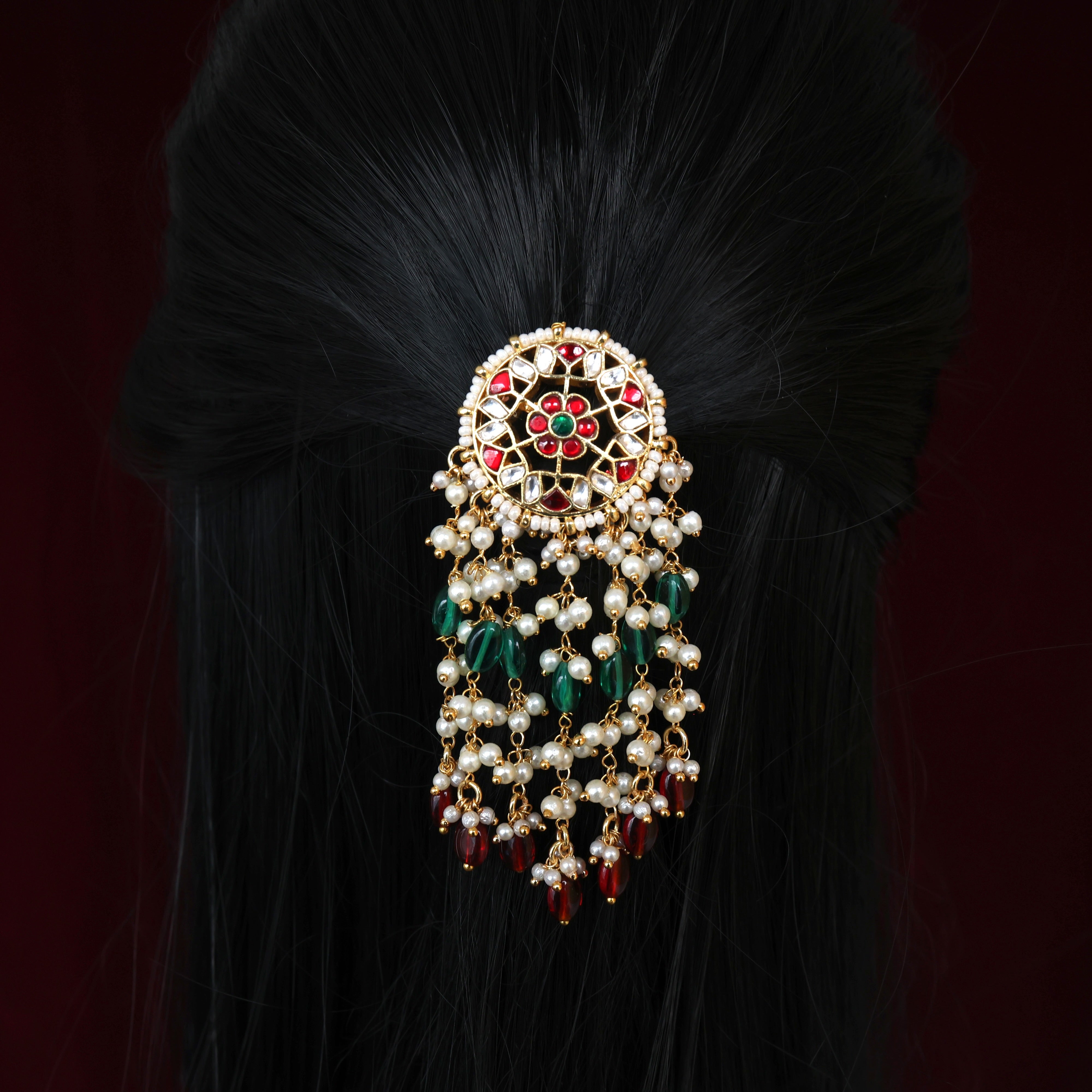 Premium Pachi Kundan Star Flower Bead Drops Single Piece Bridal Choti