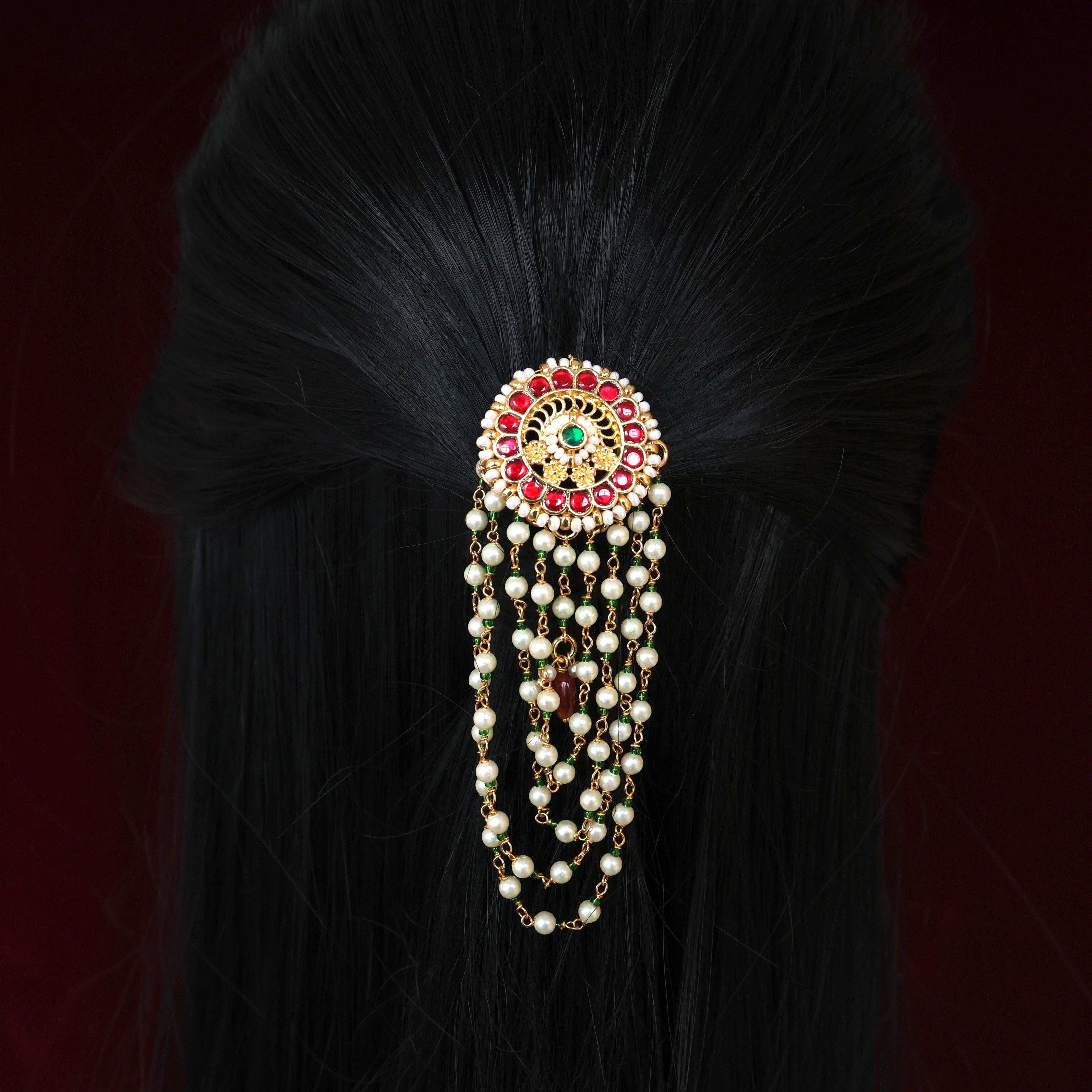 Premium Pachi Kundan Layered Pearl Chains Flower Chakra Single Piece Bridal Choti