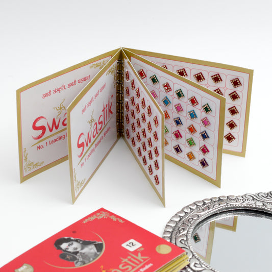 Mix Shapes and Multicolour Stone Border Fancy Velvet Bridal Bindis Sticker Kumkum Spiral Book - Size 12 - Swastik