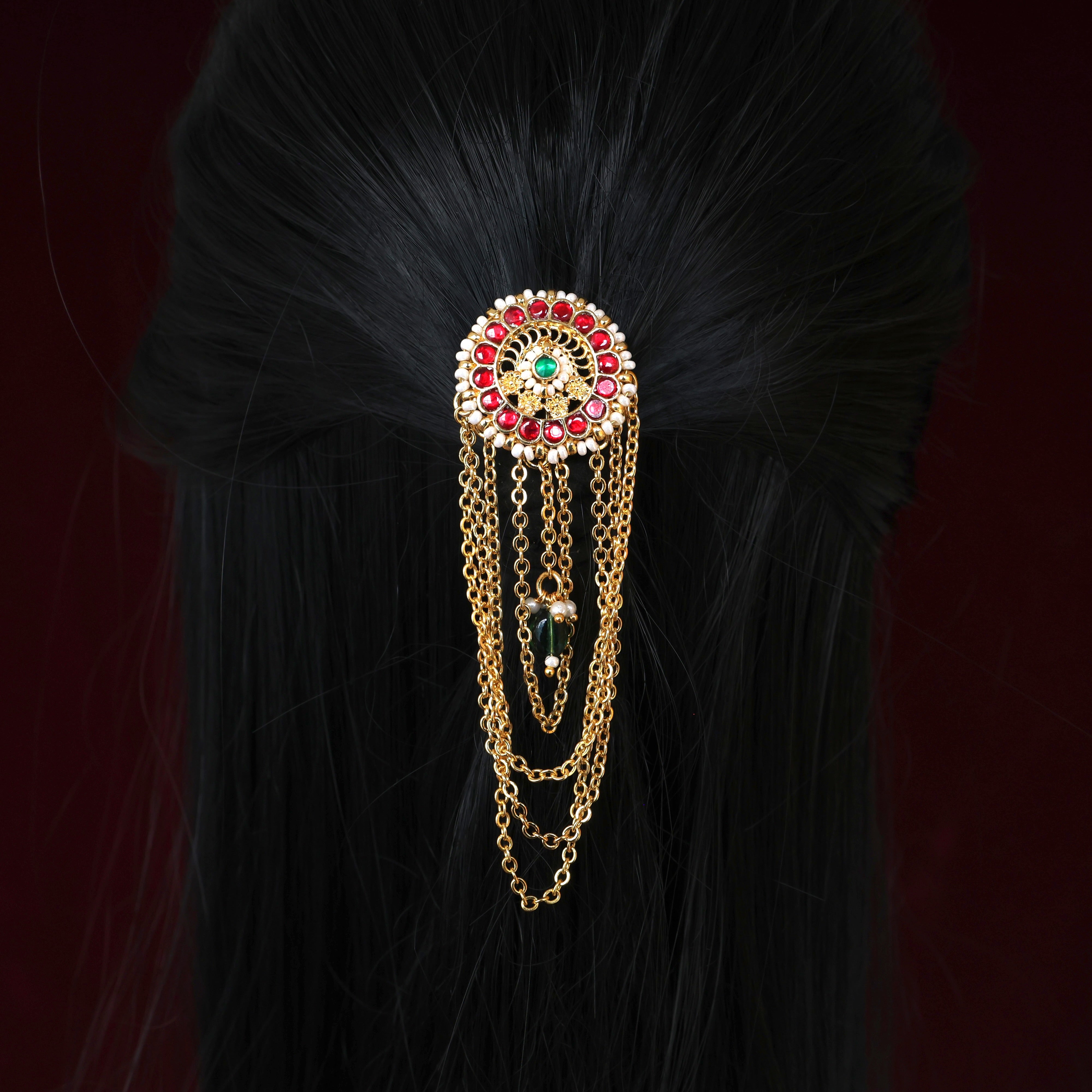 Premium Pachi Kundan Rani Layered Chains Floral Chakri Single PIece Bridal Choti