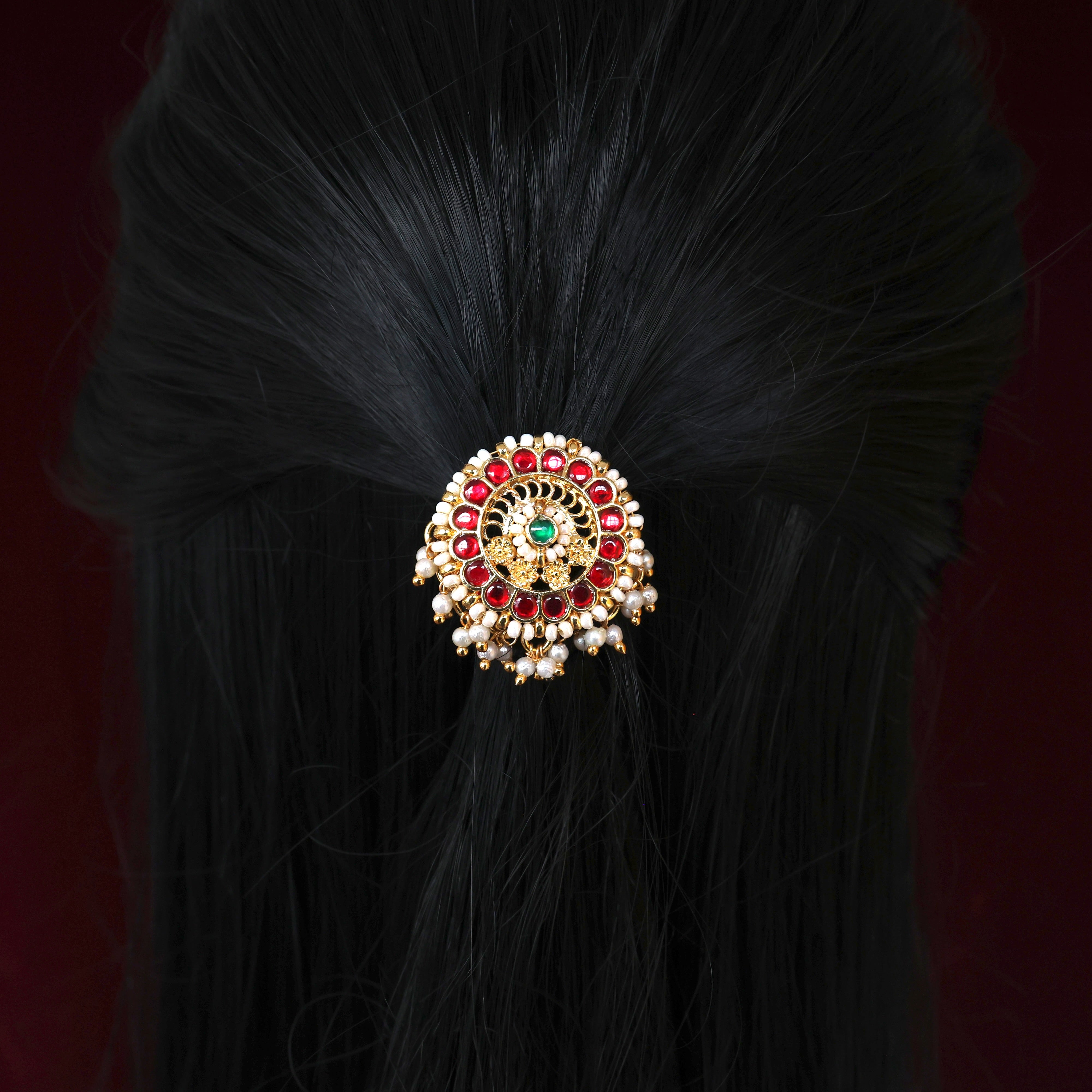 Premium Pachi Kundan Flower Chakra Single Piece Bridal Choti