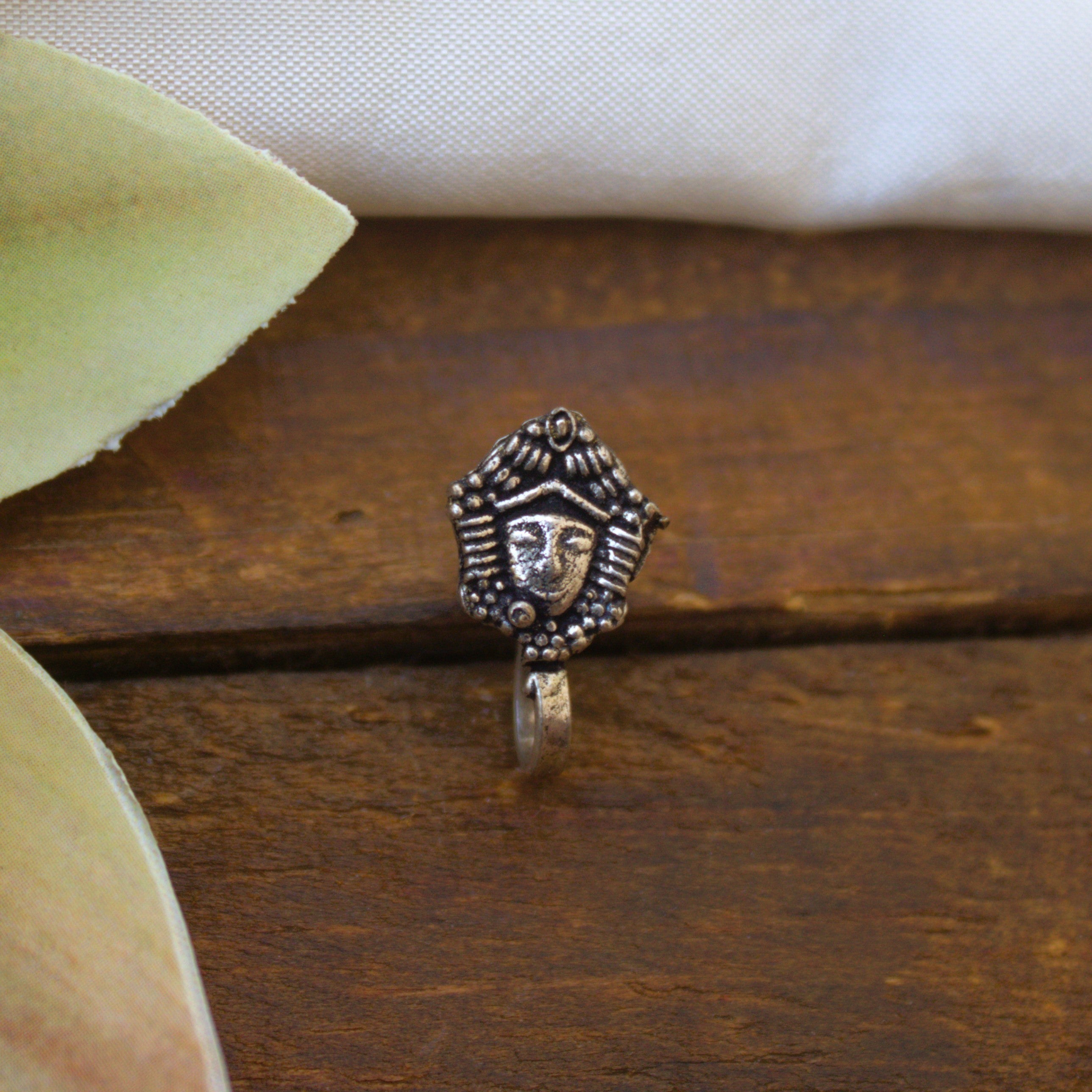 German Silver Tribal Maa Durga Clip-On Nose Pin For Non-Pierced Nose