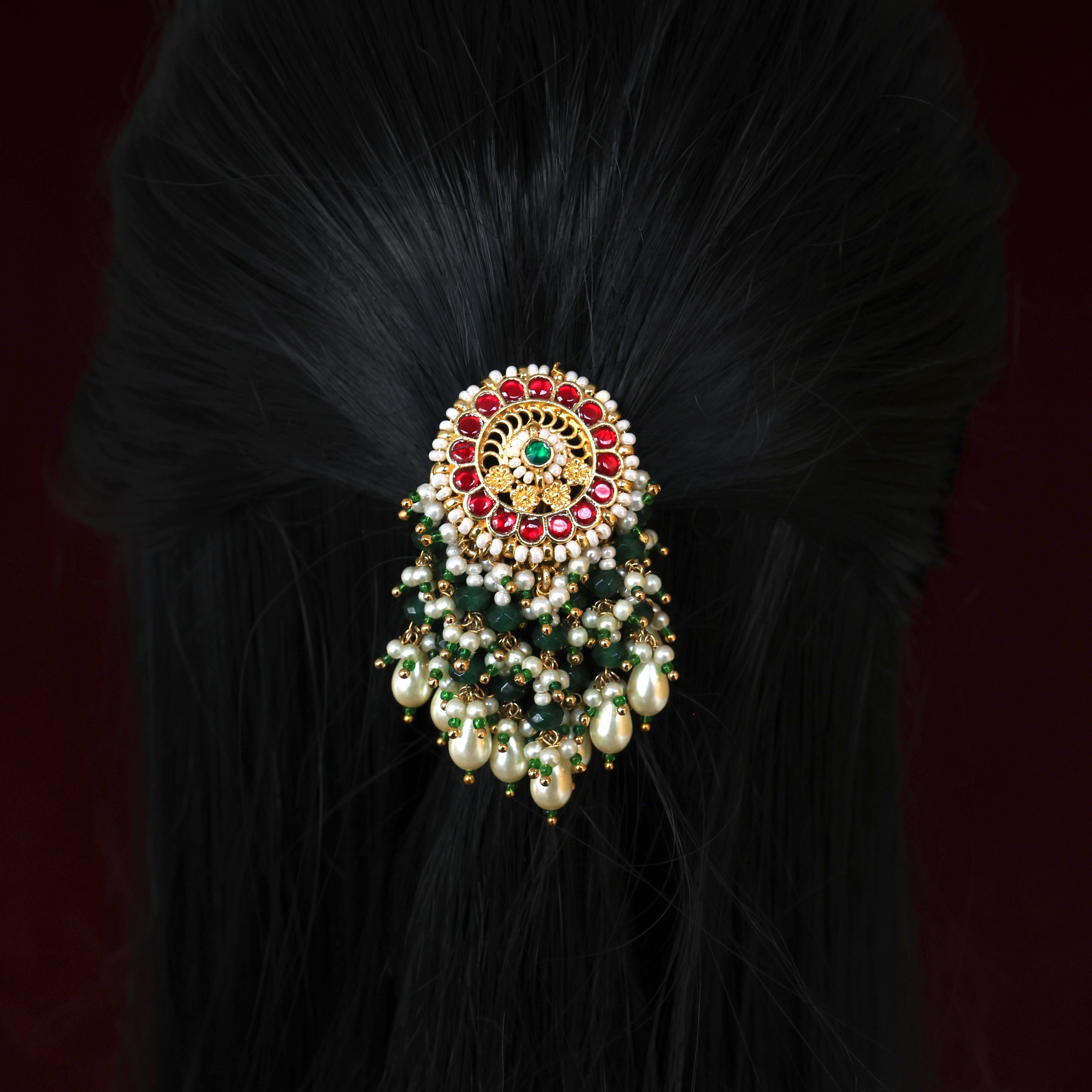 Premium Pachi Kundan Flower Chakra Sparkle Pearl Drops Single Piece Bridal Choti