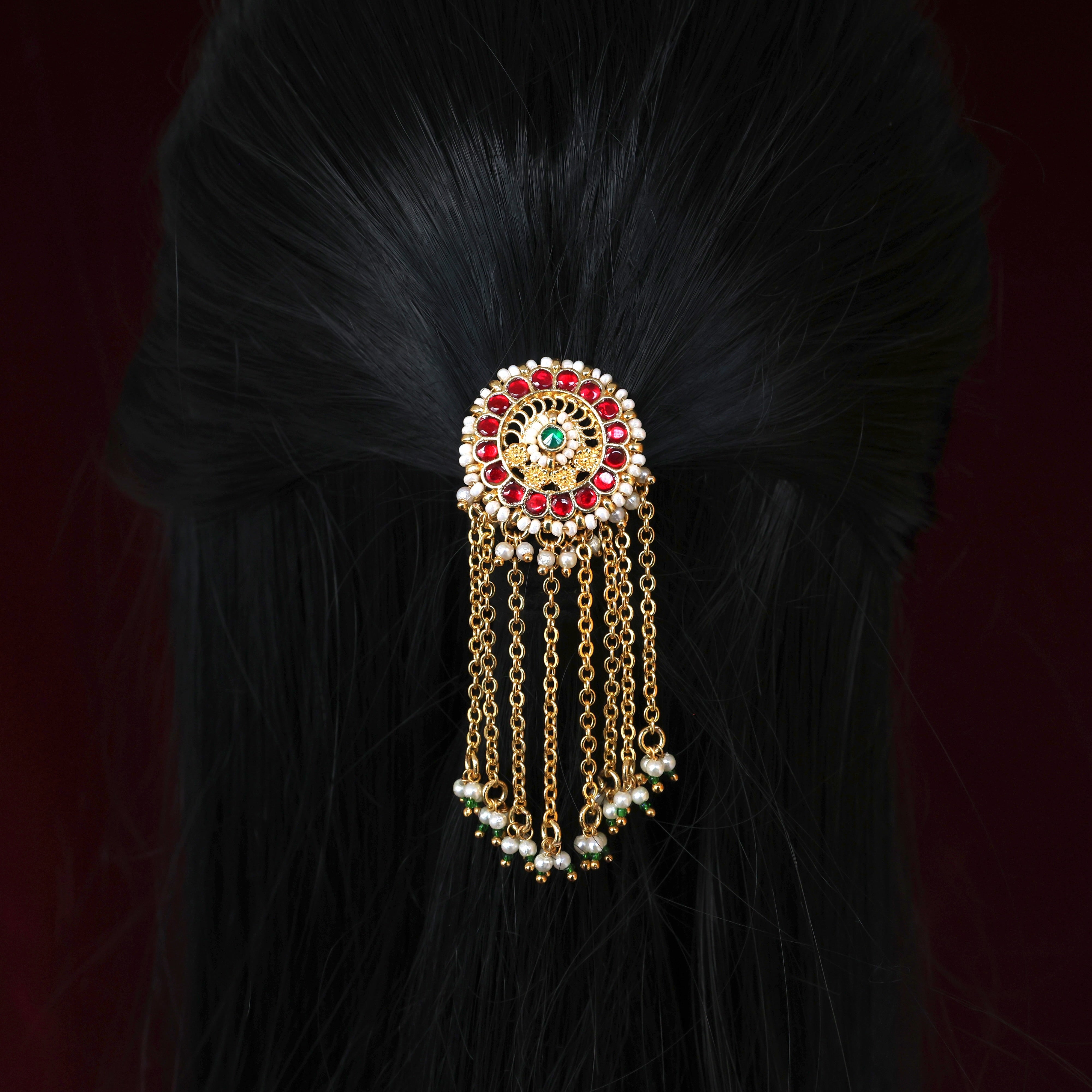 PREMIUM PACHI KUNDAN ROUND FLOWER CHAKRA DROPS SINGLE PIECE BRIDAL CHOTI