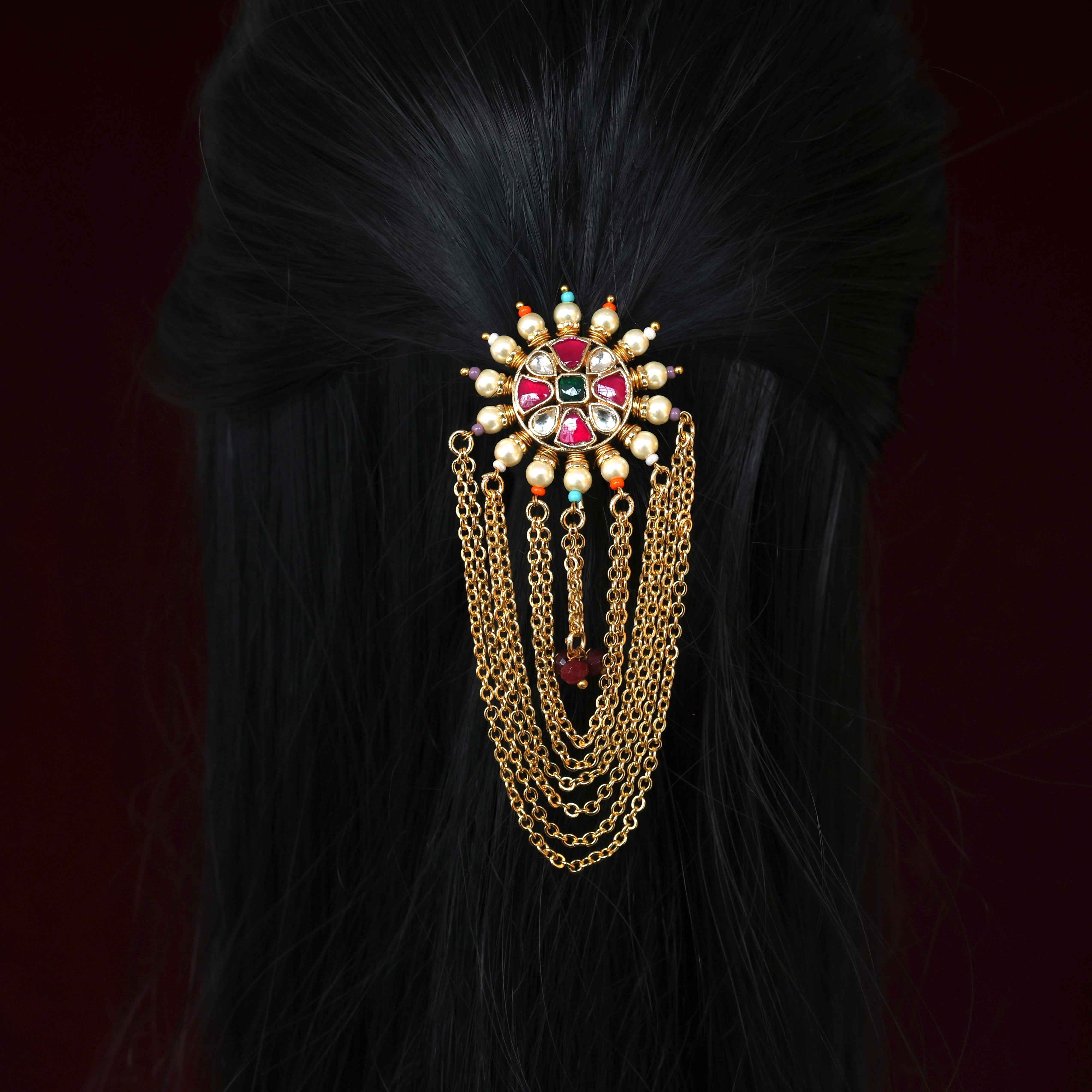 PREMIUM PACHI KUNDAN LAYERED CHAINS CHAKRI SINGLE PIECE BRIDAL CHOTI