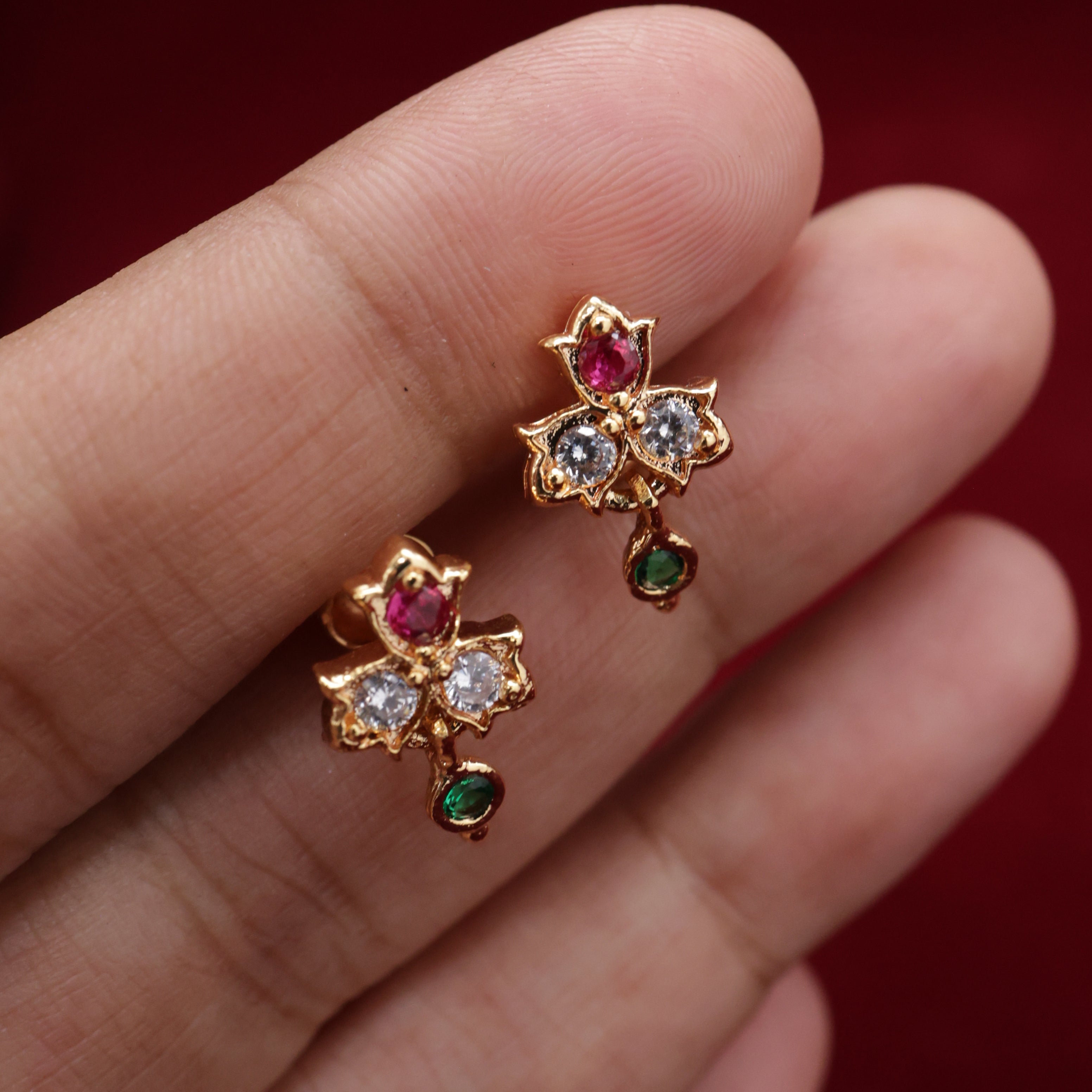 Real Gold Tone Micro Gold Polished 3 Flower Stone Earrings - Multi