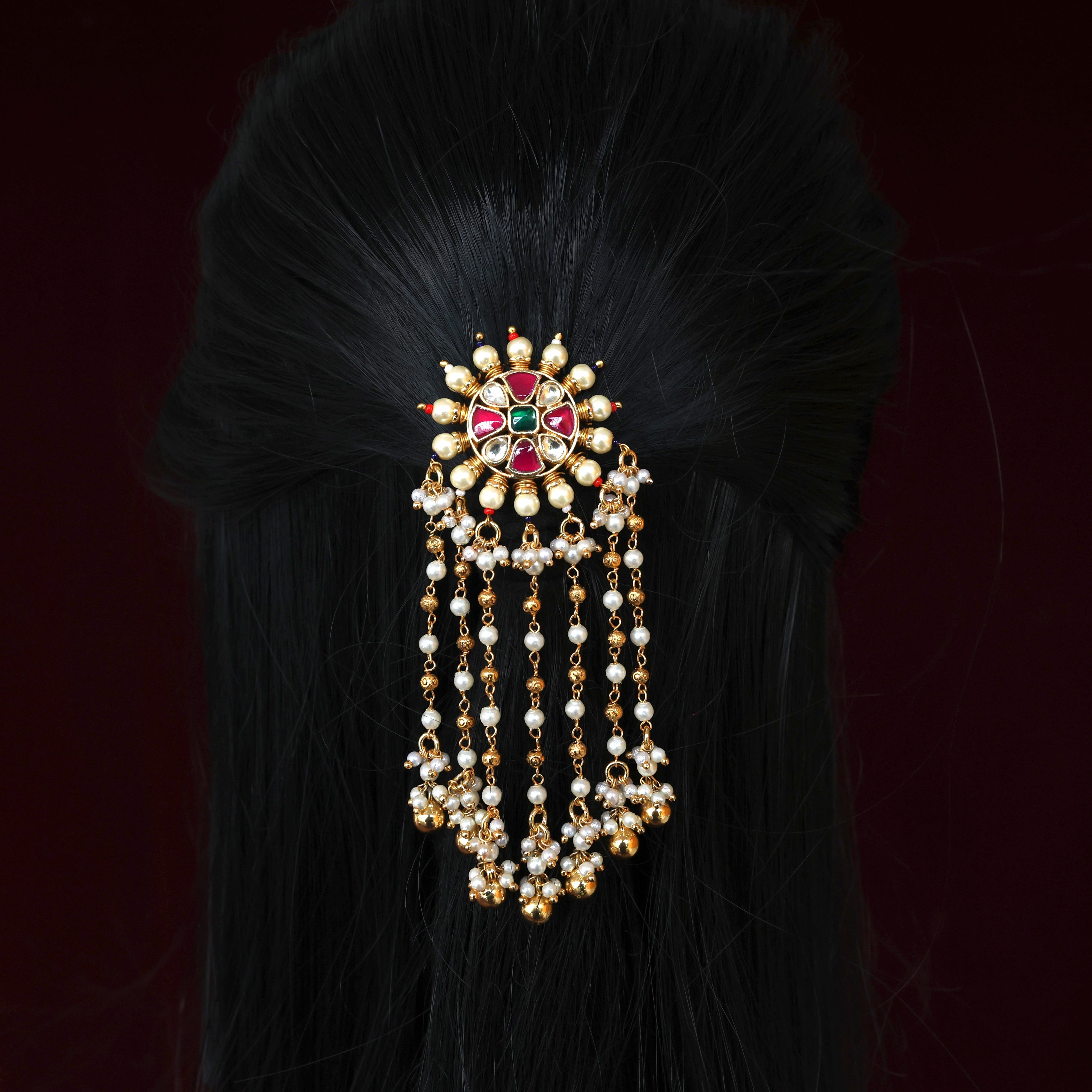 Premium Pachi Kundan Sparkle Pearls Rain Chakri Single Piece Bridal Choti