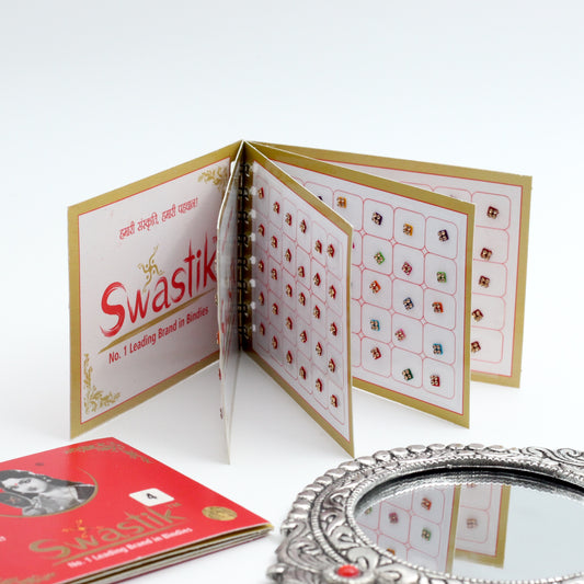 Mix Shapes and Multicolour Stone Border Fancy Velvet Bridal Bindis Sticker Kumkum Spiral Book - Size 4 - Swastik