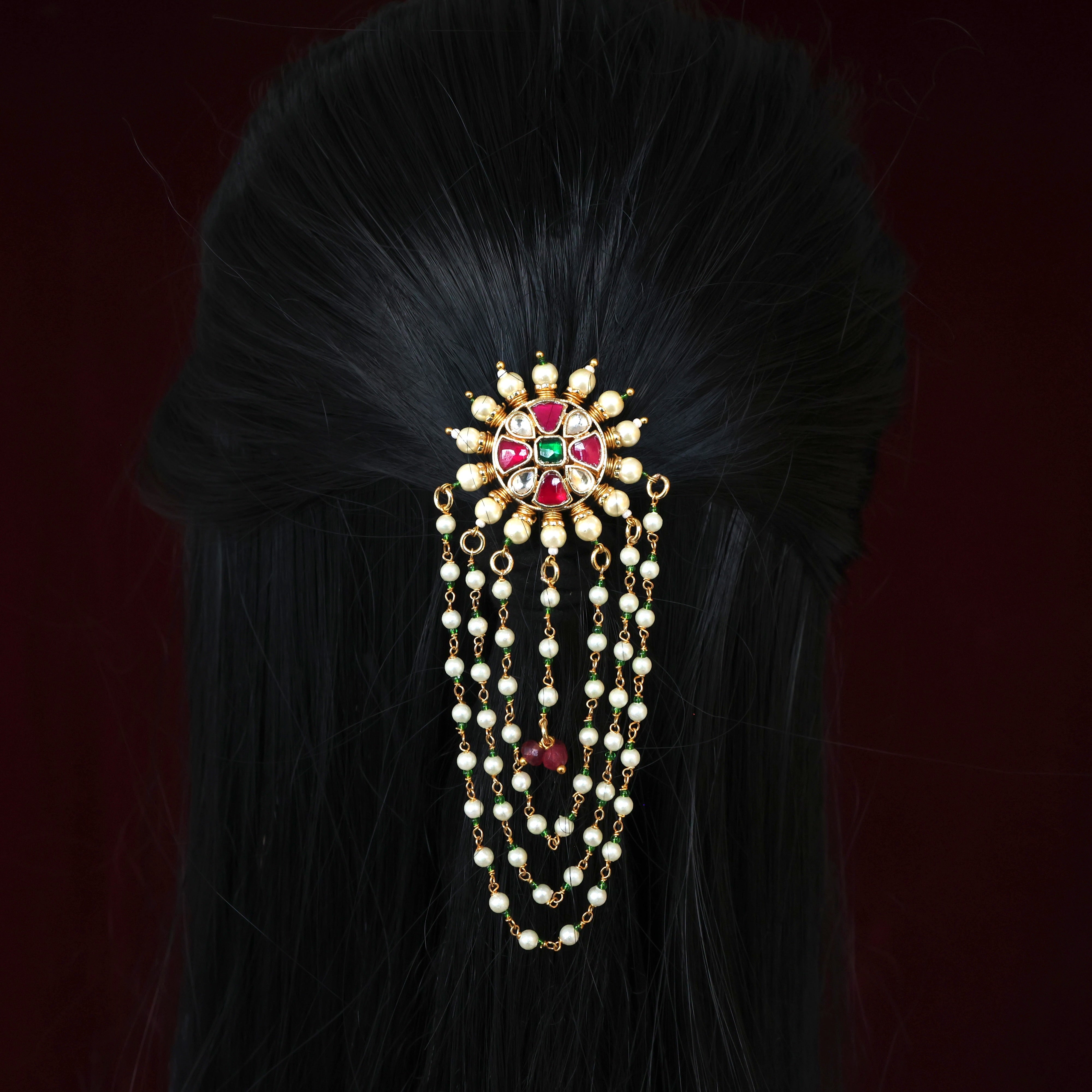 Premium 3 Layer Hanging Pachi Kundan Single Piece Bridal Choti