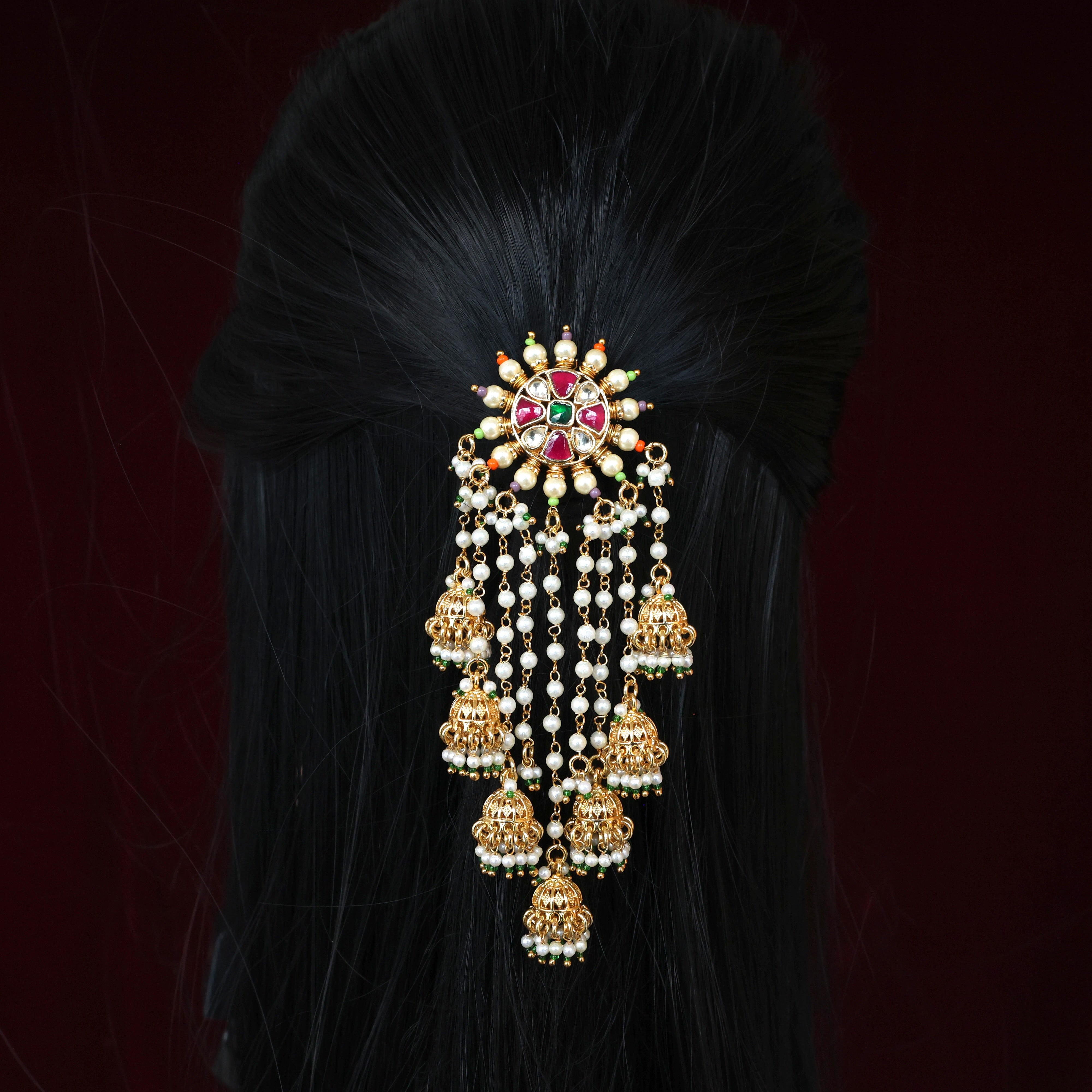 Premium Pachi Kundan 7 Jhumkas Hangings Chakri Single Piece Bridal Choti