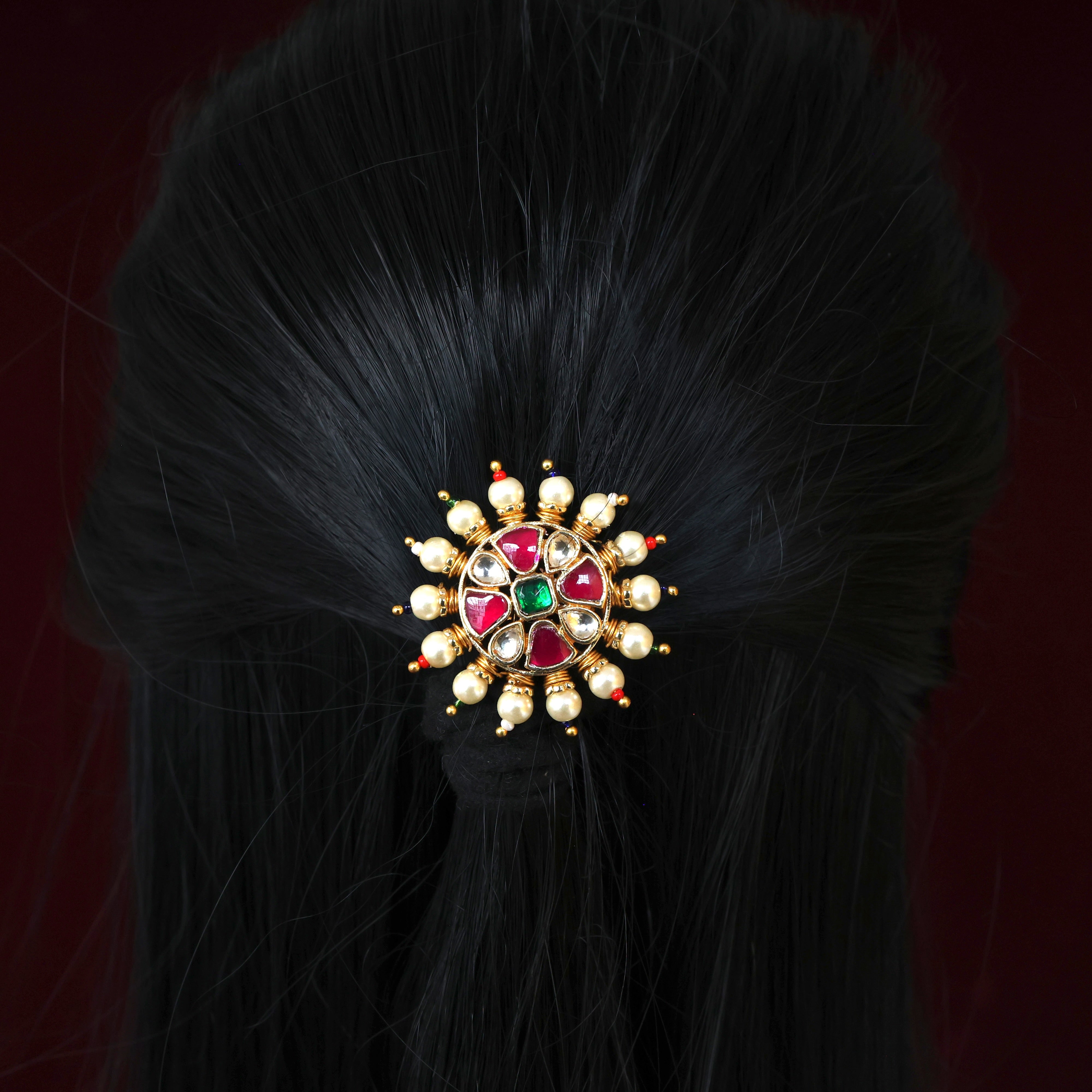 Premium Bloomed Flower Pachi Kundan Single Piece Hair Choti