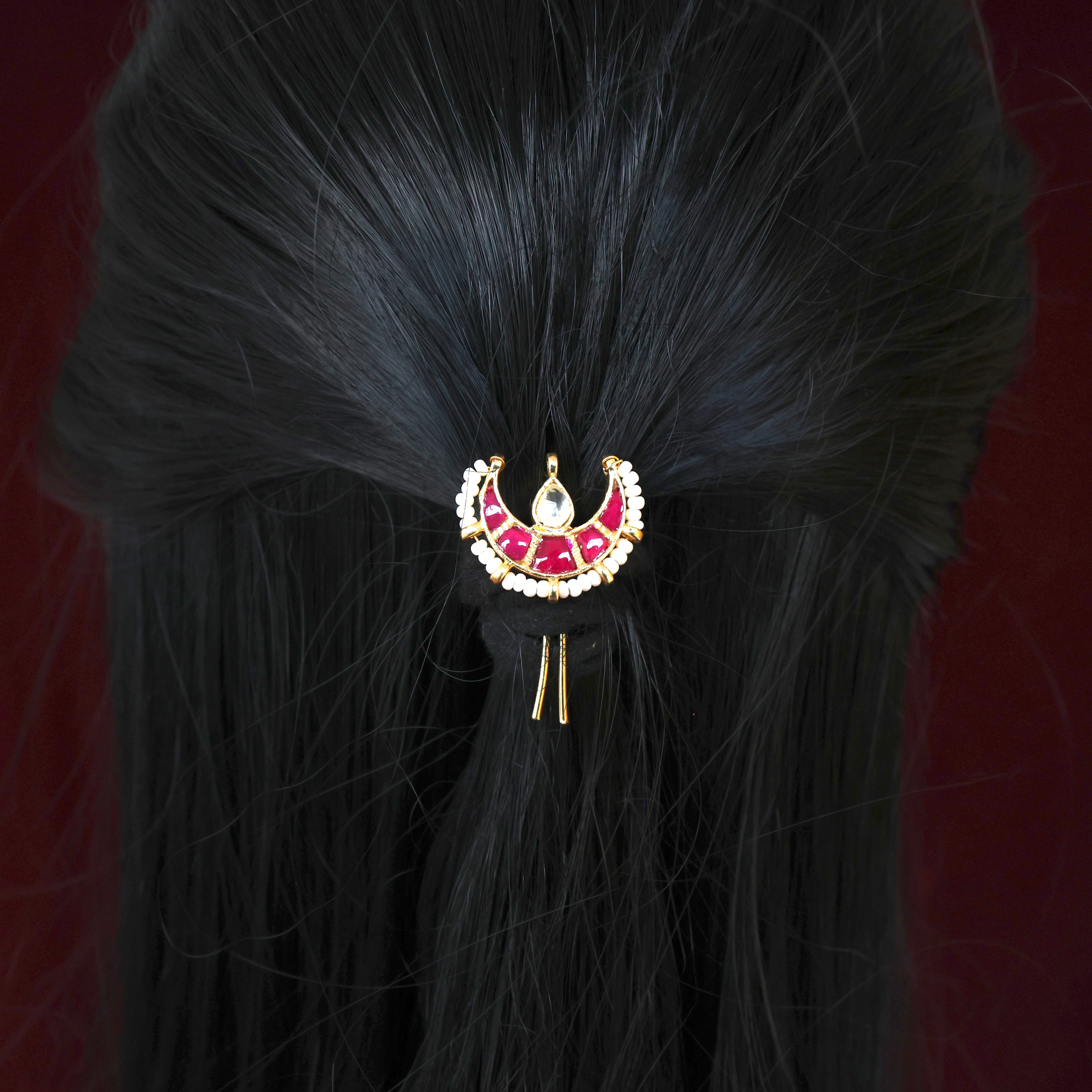 Premium Handmade Pachi Kundan Chaand Single Piece Bridal Hair Choti