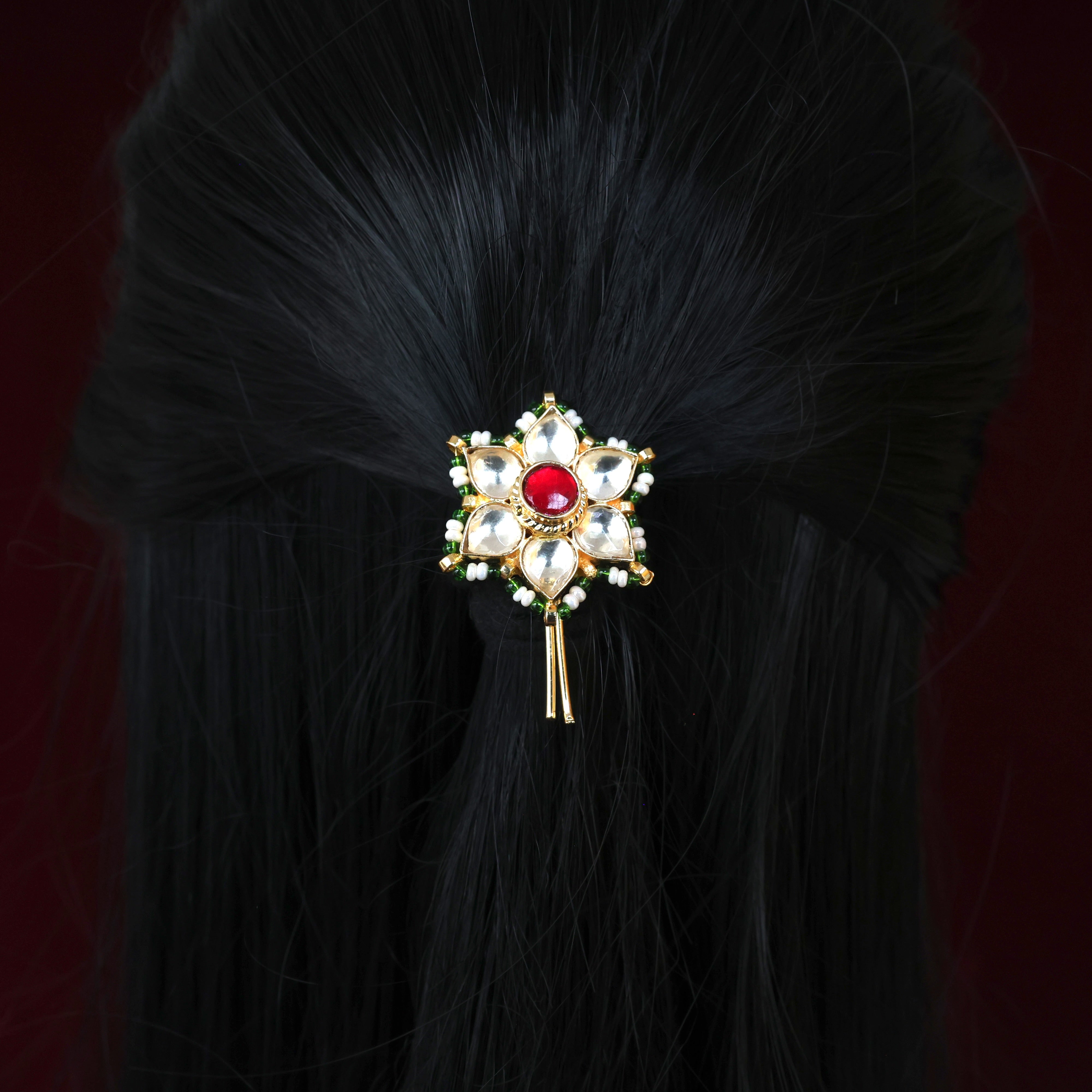 Premium Pachi Kundan Star Flower Single Bridal Choti