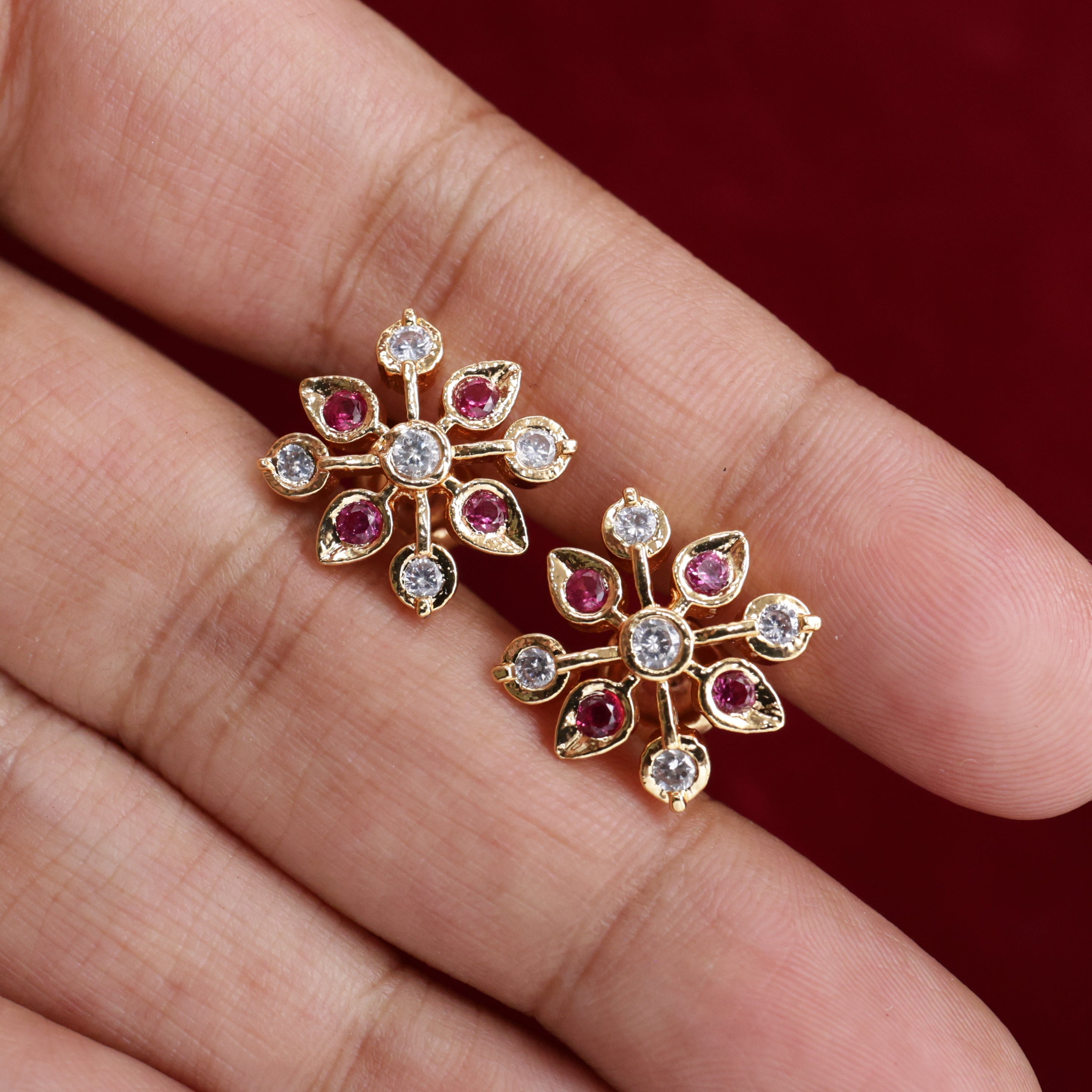 Diamond Look Micro Gold Polished Nine Stone Studs - White & Ruby