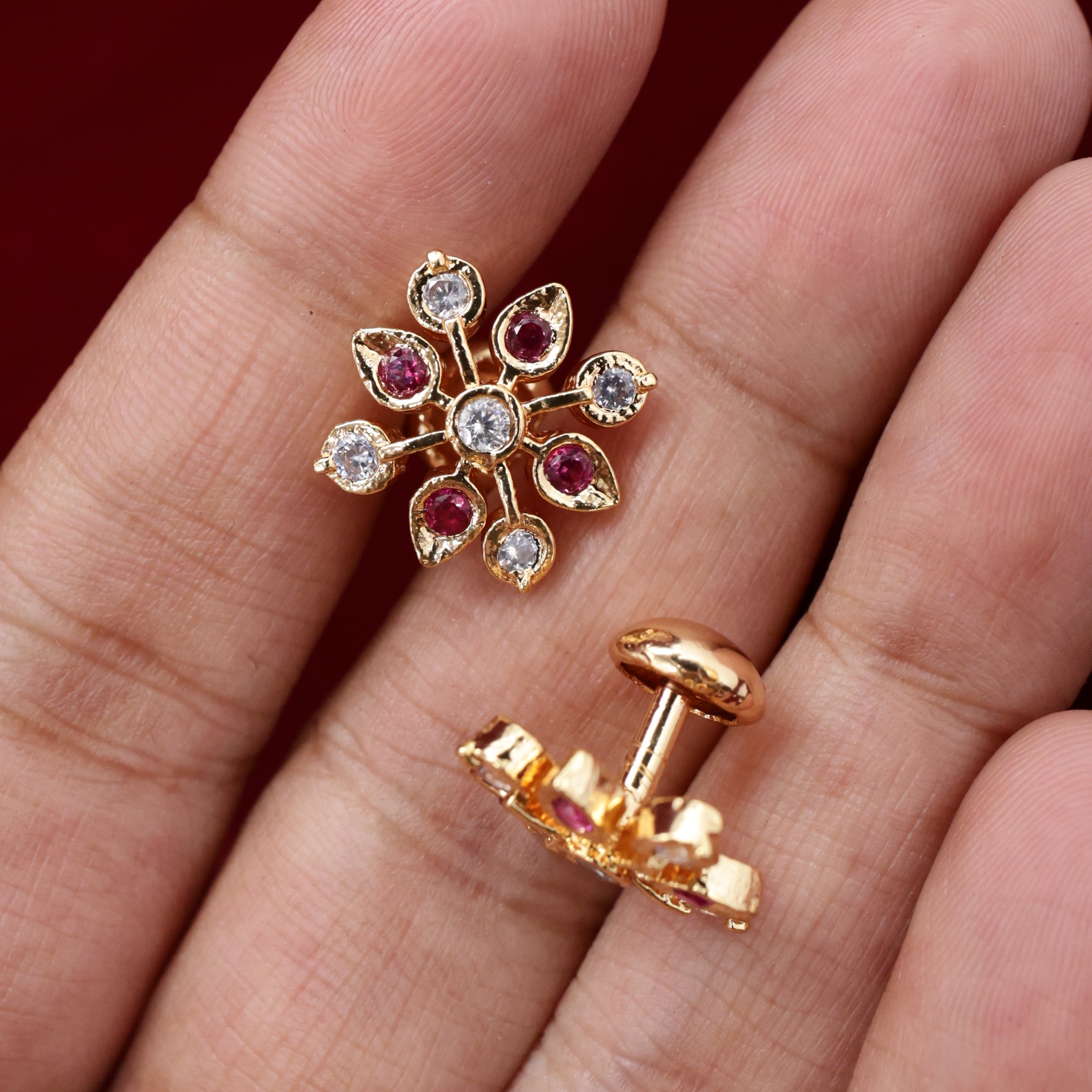 Diamond Look Micro Gold Polished Nine Stone Studs - White & Ruby