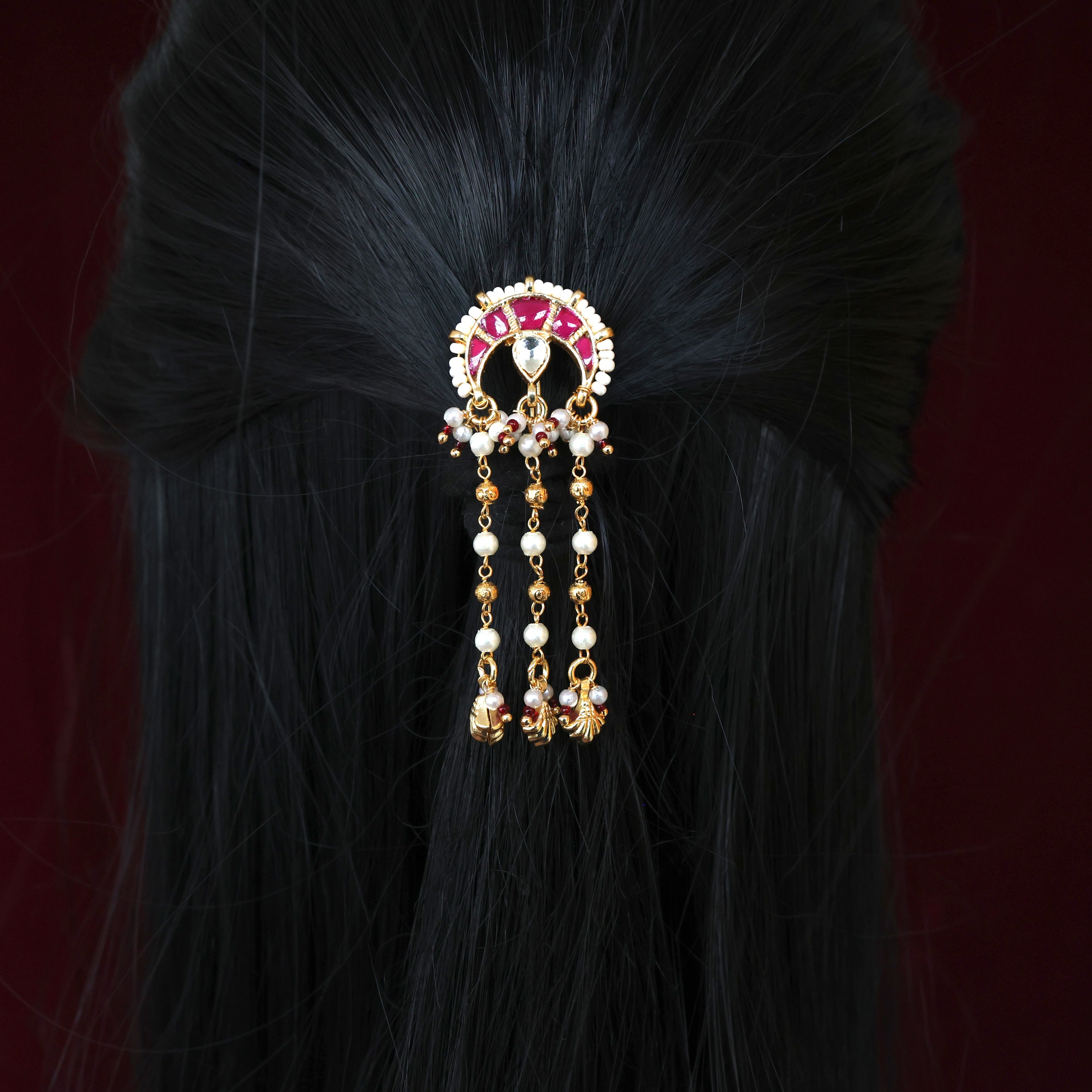 HANDMADE PACHI KUNDAN SINGLE PIECE BRIDAL HAIR CHOTI - CHANDRA ARCH DROPS