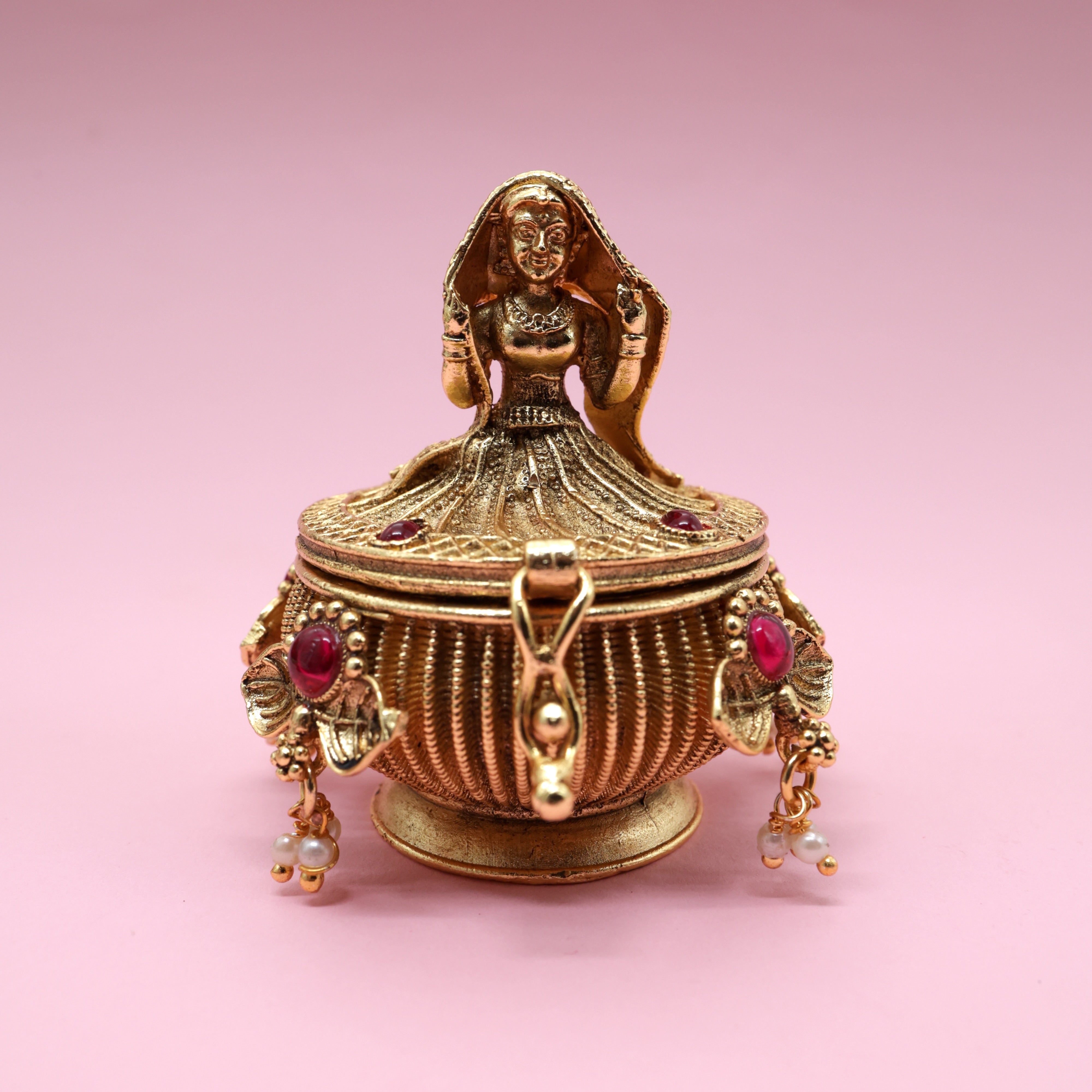 Antique Gold Kemp Dancing Lady Haldi/Kumkum Box - Sindoor Dabbi