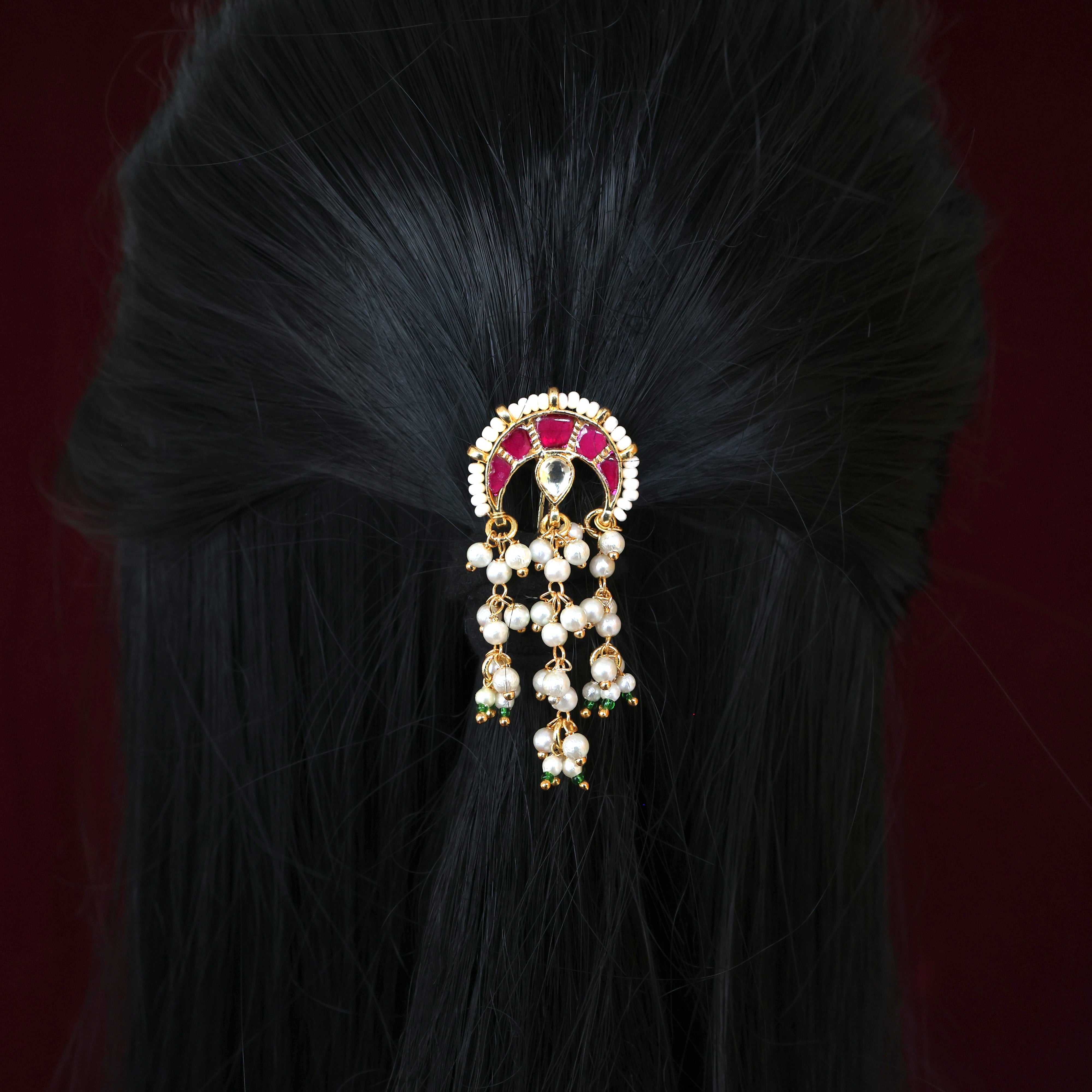 HANDMADE PACHI KUNDAN SINGLE PIECE BRIDAL HAIR CHOTI - CHAAND 3 TILAK DROPS