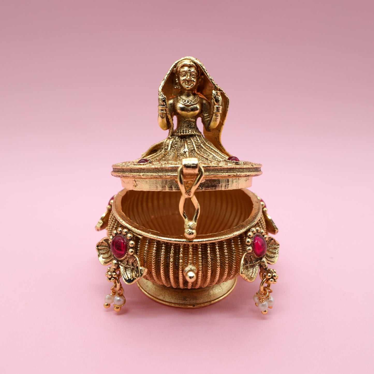 Antique Gold Kemp Dancing Lady Haldi/Kumkum Box - Sindoor Dabbi