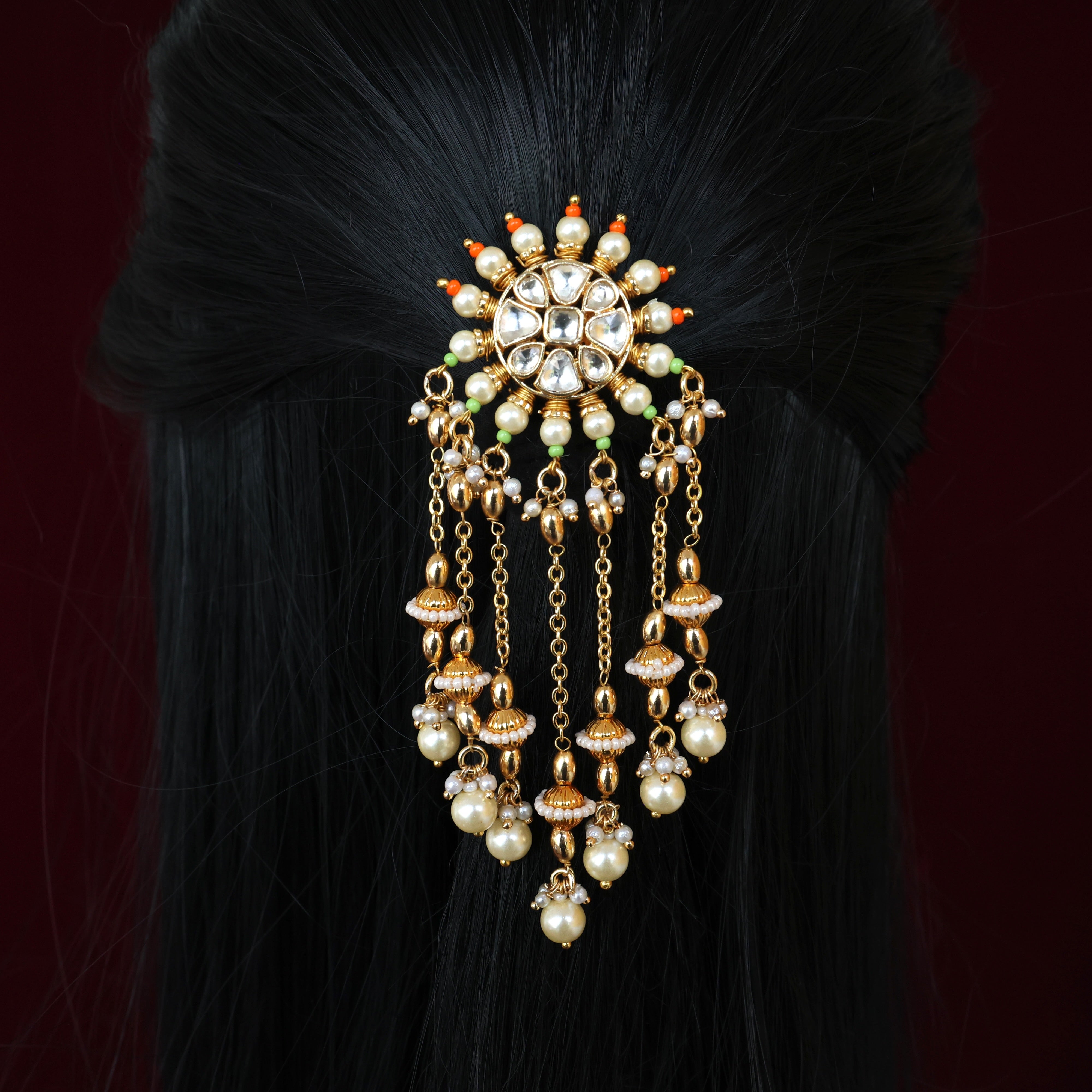 HANDMADE PACHI KUNDAN SINGLE PIECE BRIDAL HAIR CHOTI - PEARL SHELL HANGINGS